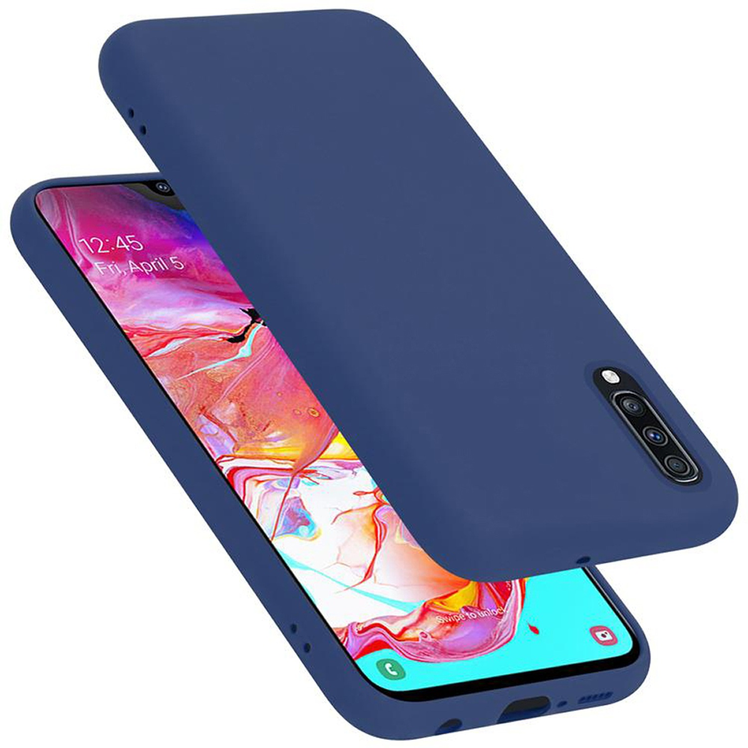 Blaues Telefon mit blauer Hülle, offen. Zeigt Telefonbildschirm mit Apps. Hülle ist offen und abgewinkelt.