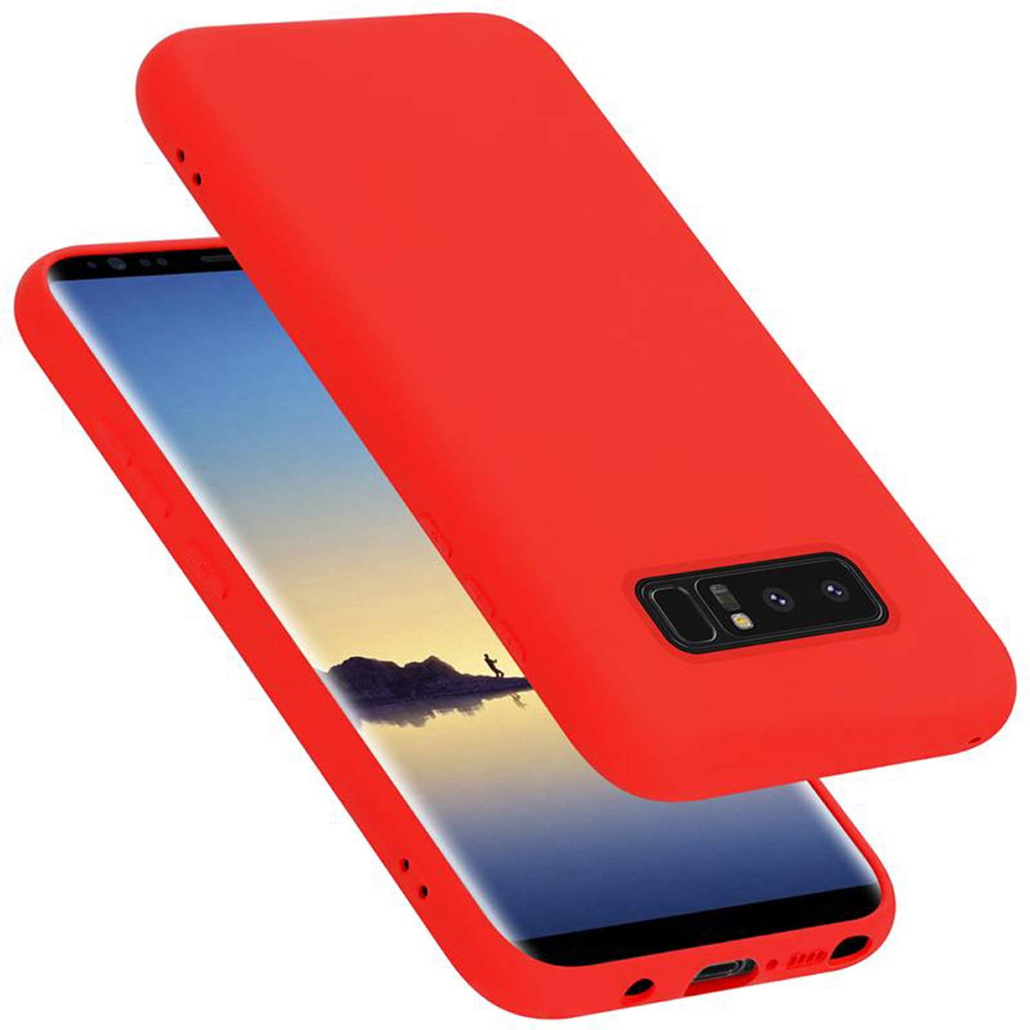 Una custodia rossa per telefono con un telefono che mostra un'immagine. Un'altra custodia è sopra.