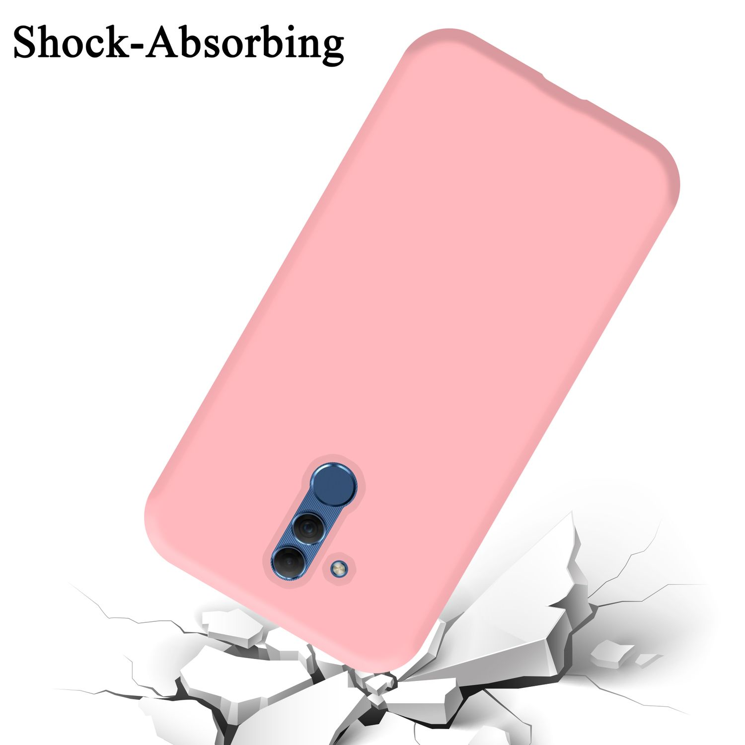 Custodia rosa per telefono che cade, mostrando l'assorbimento degli urti. Crepe bianche a terra. Testo: Antishock.