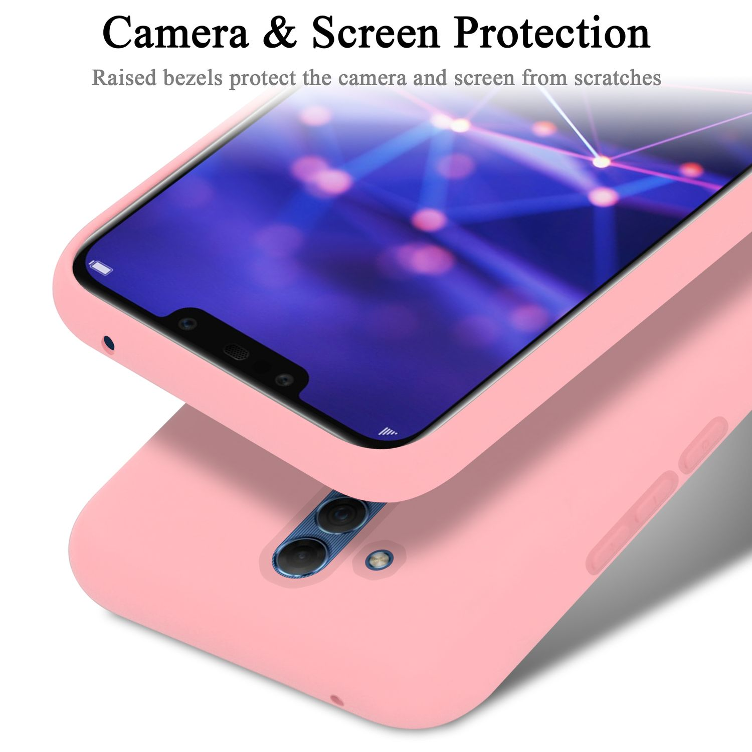 Custodia rosa per telefono con schermo visibile. La custodia copre retro e lati.