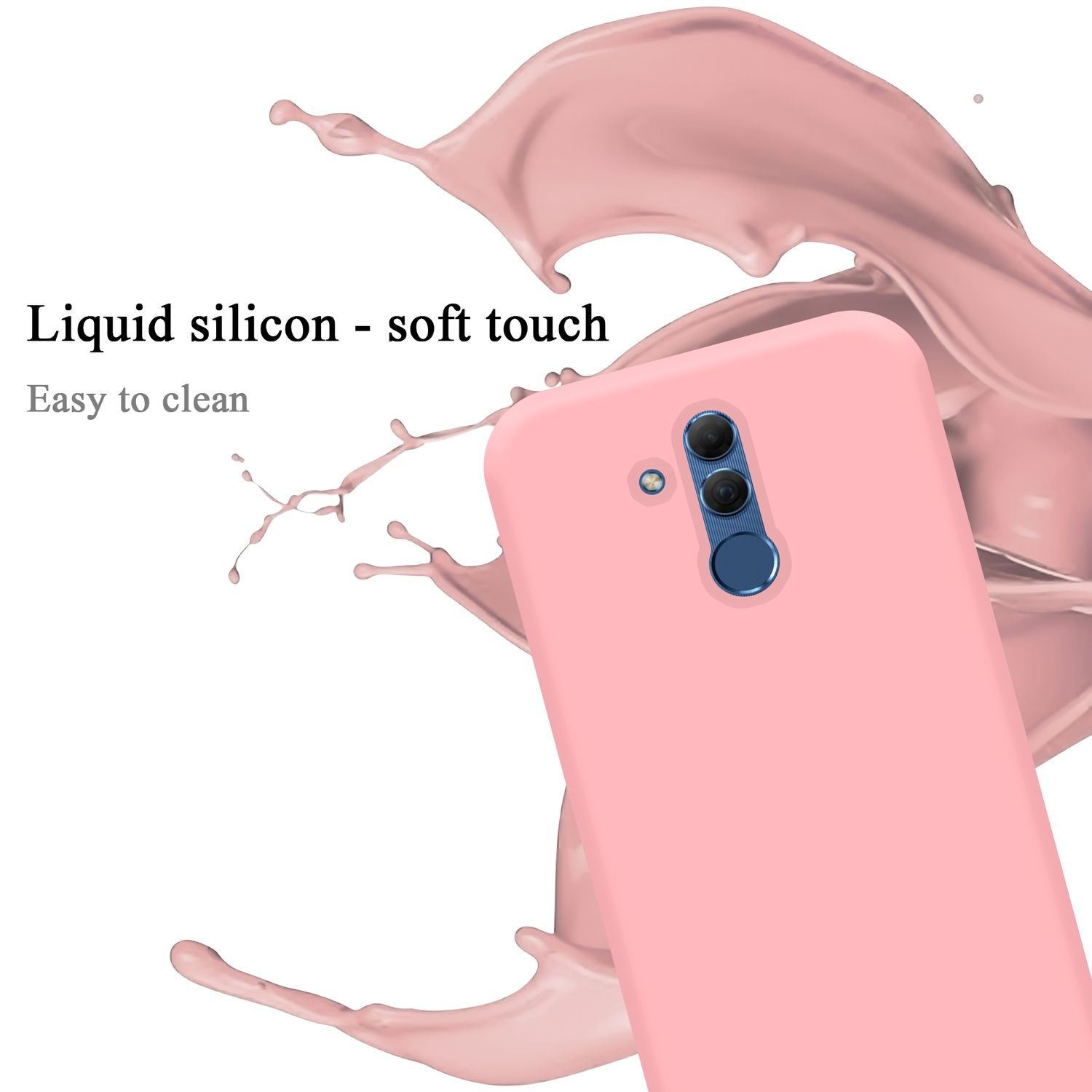 Custodia rosa per telefono con tre obiettivi della fotocamera sul retro e uno schizzo di liquido rosa sullo sfondo.