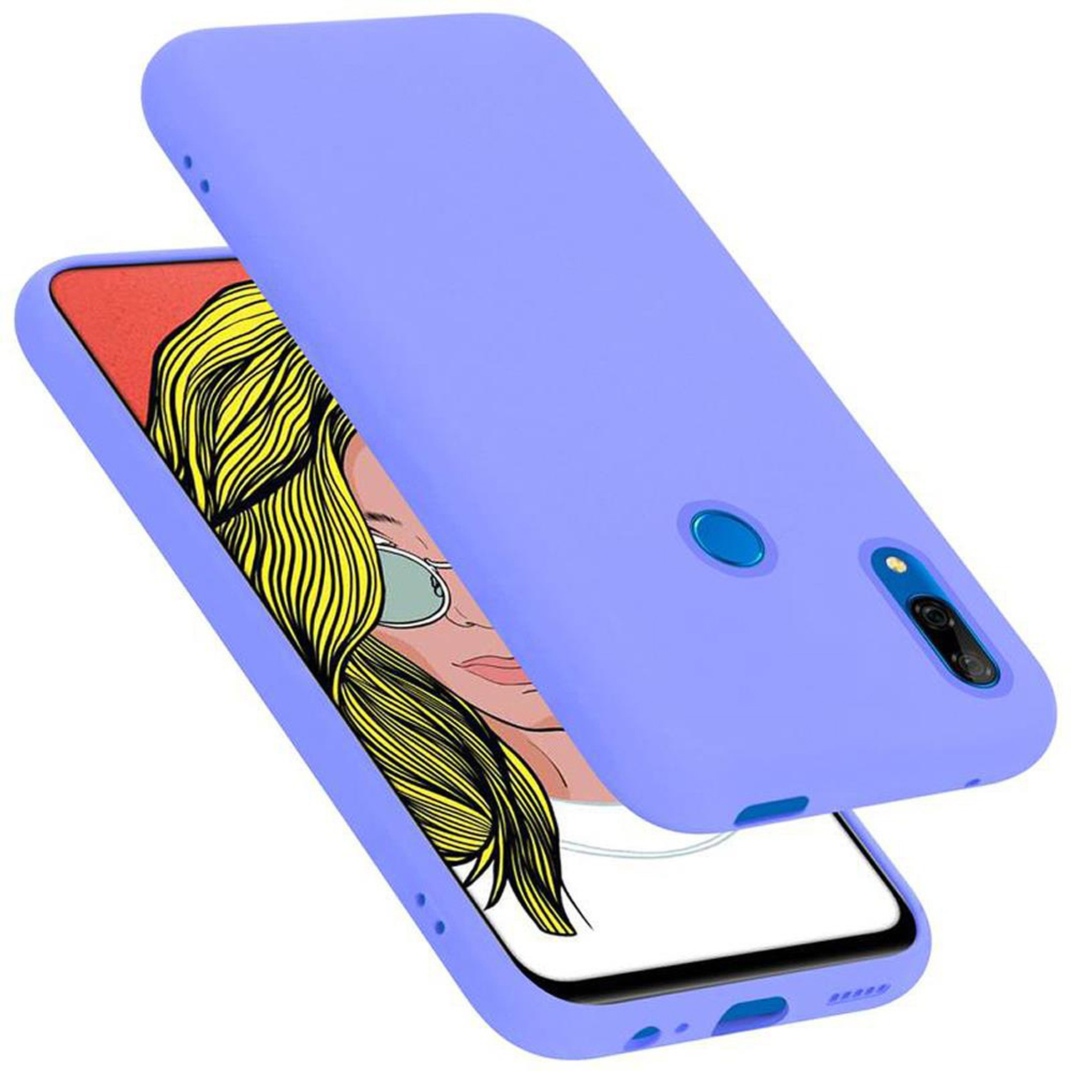 Lila Handyhülle und Telefon. Hülle ist offen. Der Telefonbildschirm zeigt das Gesicht einer Frau.