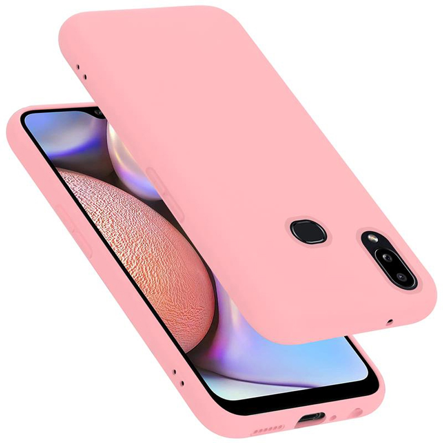 Eine rosa Handyhülle. Das Telefon zeigt ein Bild. Eine andere Hülle ist oben.