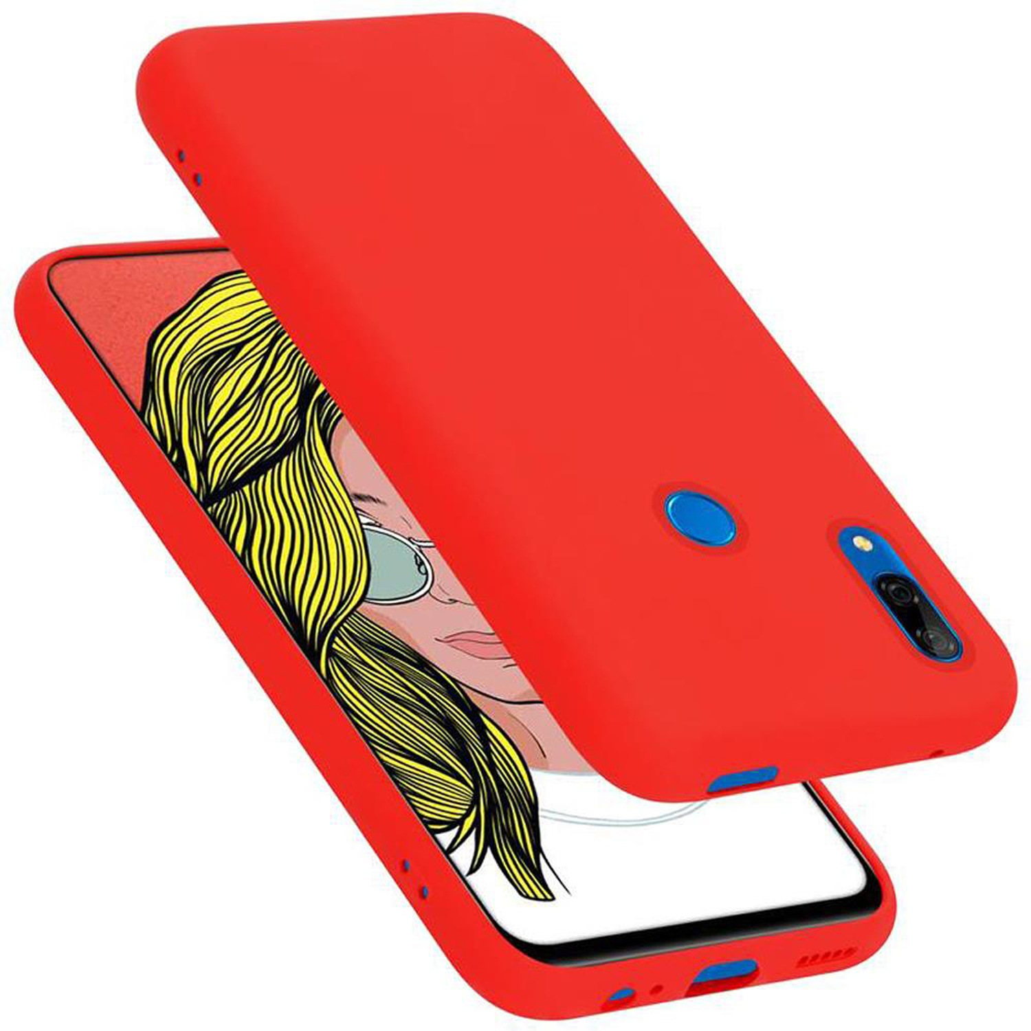 Rote Telefonhülle mit Frauengesicht. Das Telefon ist darin. Die Hülle befindet sich darüber.