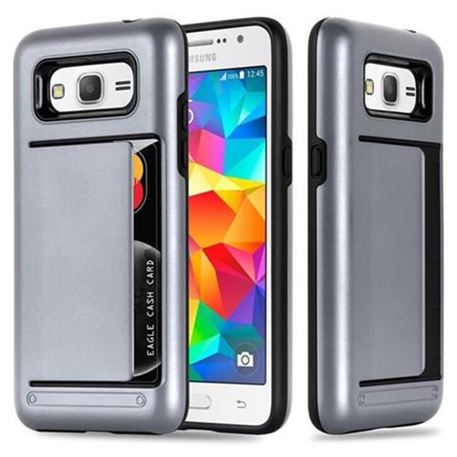 Funda de teléfono plateada con ranura para tarjeta, que sostiene un teléfono con un patrón colorido.
