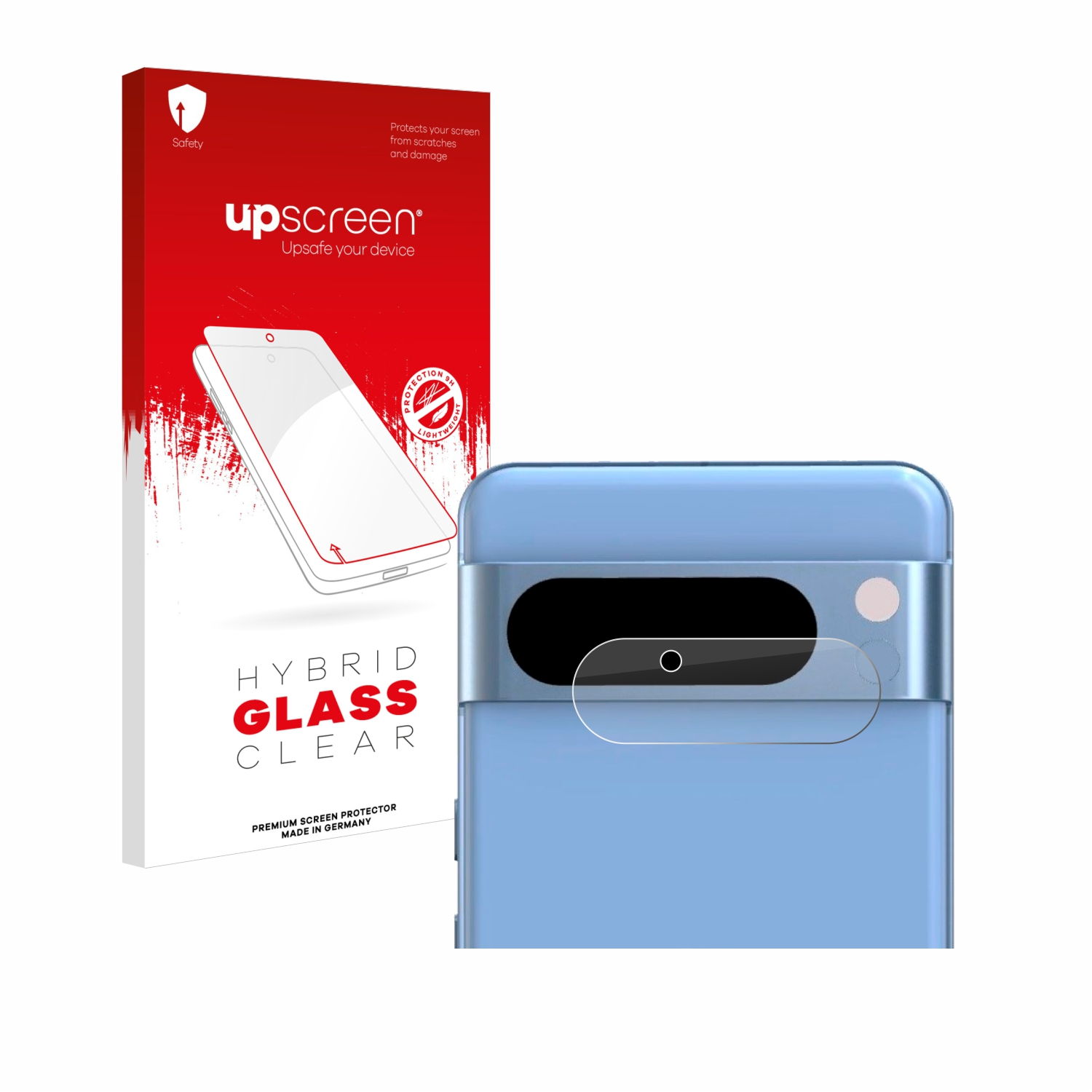 Telefon und Displayschutz. Klarer Schutz auf einem blauen Telefon und eine Packung Schutzfolien in einer Box.