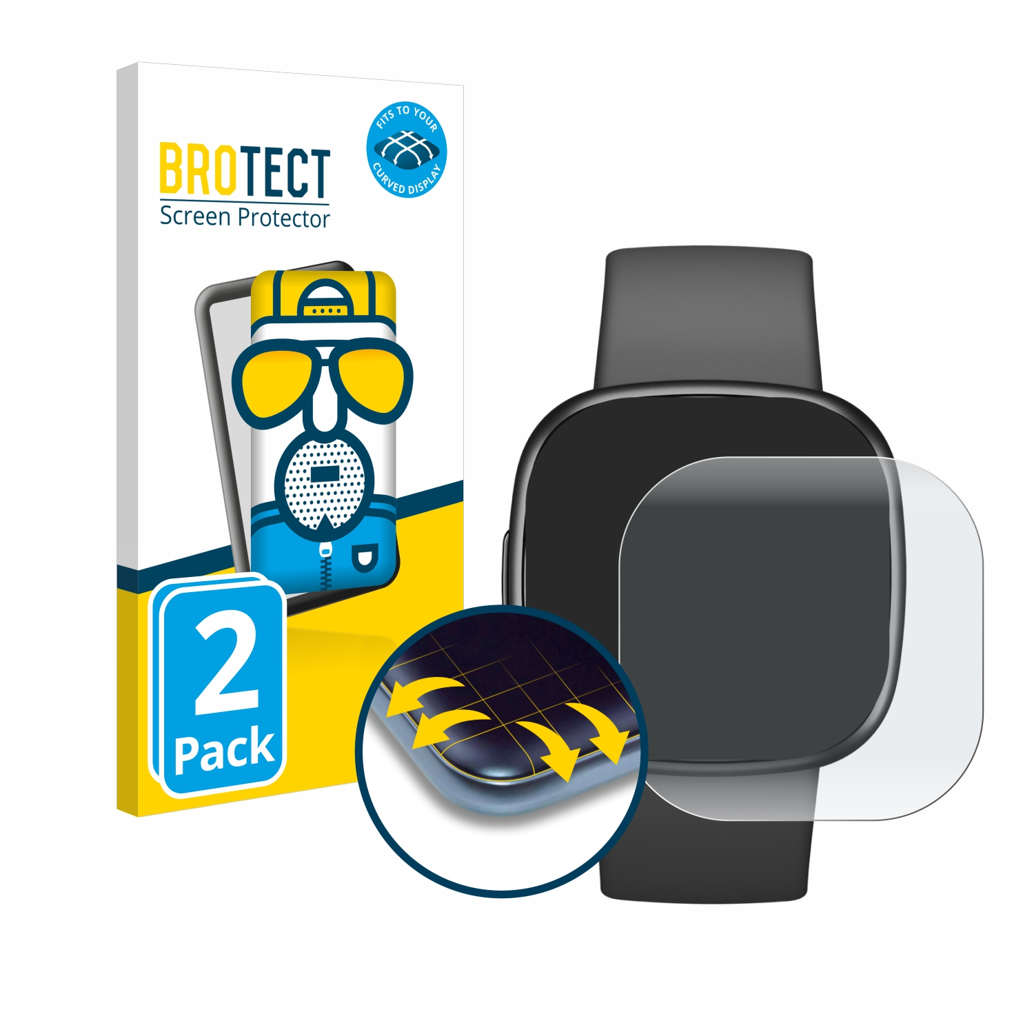 Eine Displayschutzfolienbox und eine Smartwatch mit Schutz auf weißem Grund.