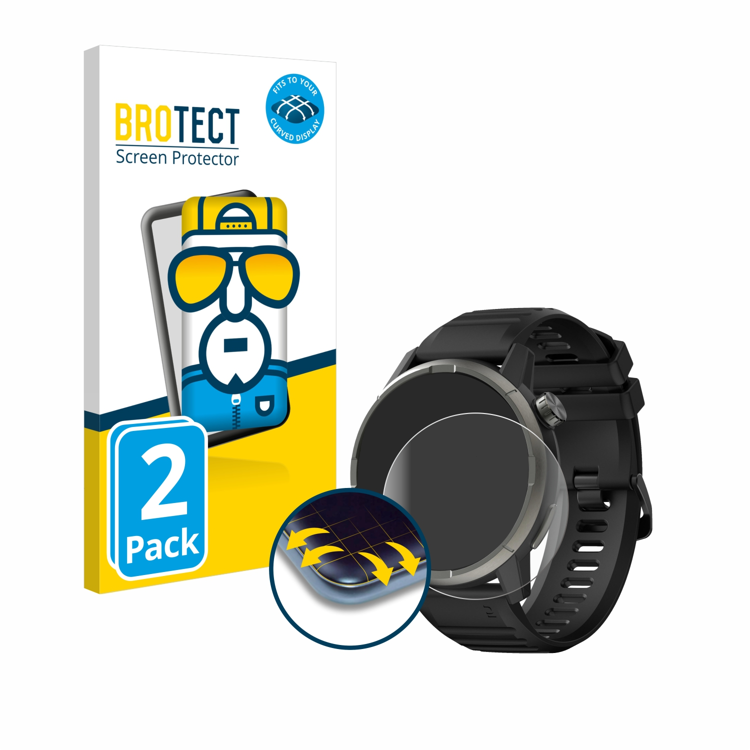 Smartwatch mit Displayschutz. Schutz, Uhr auf weißem Hintergrund und eine Box mit Schutzfolien.
