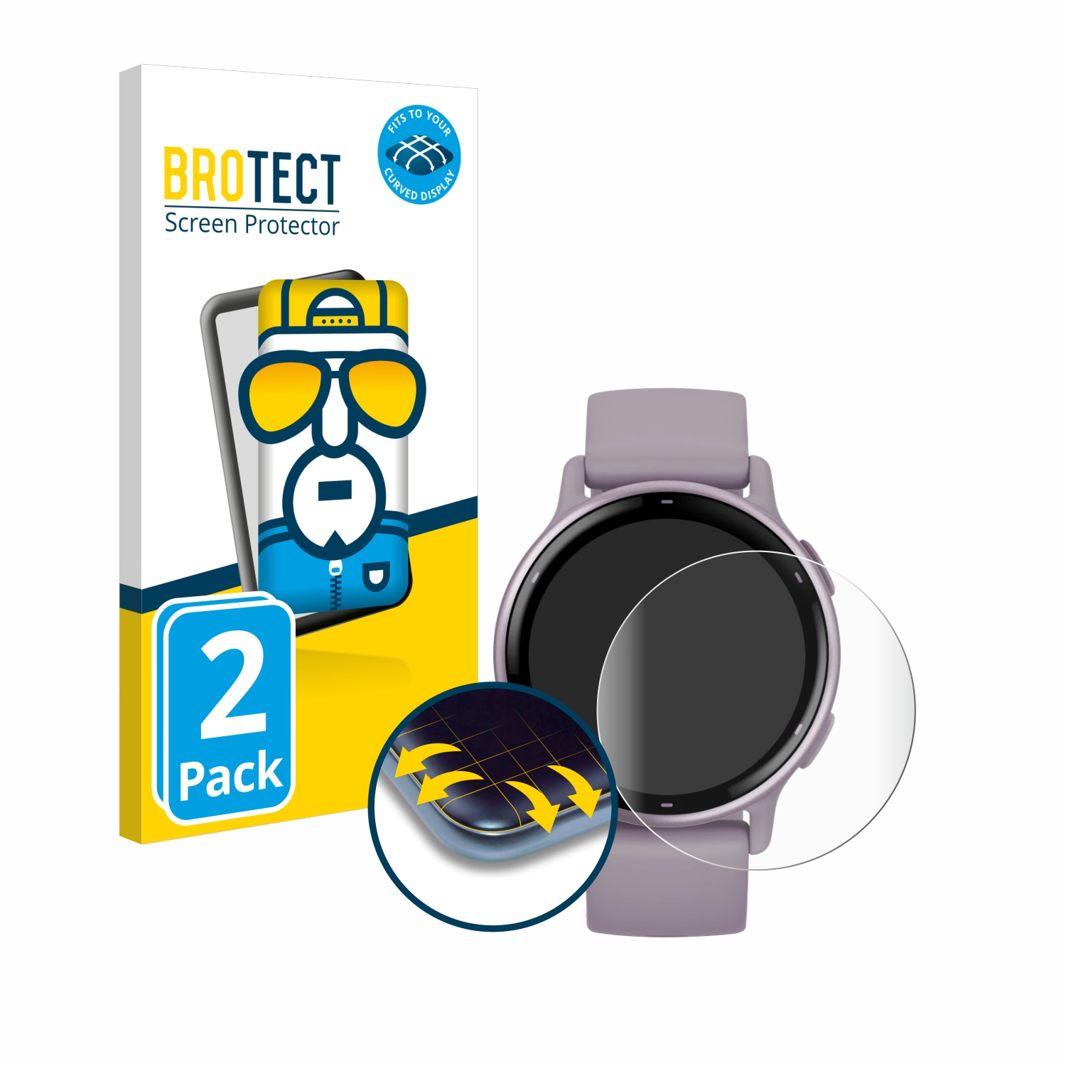 Smartwatch und Displayschutzfolie im Vordergrund. Eine Box im Hintergrund. Weißer Hintergrund.