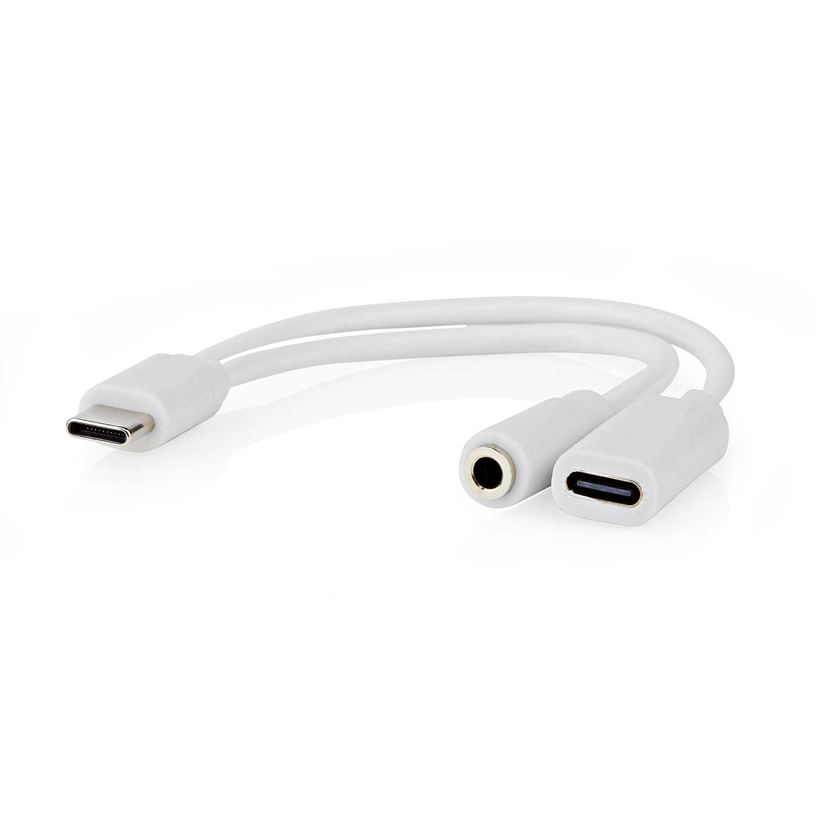A white USB-C to 3.5mm and USB-C adapter cable on a white background.