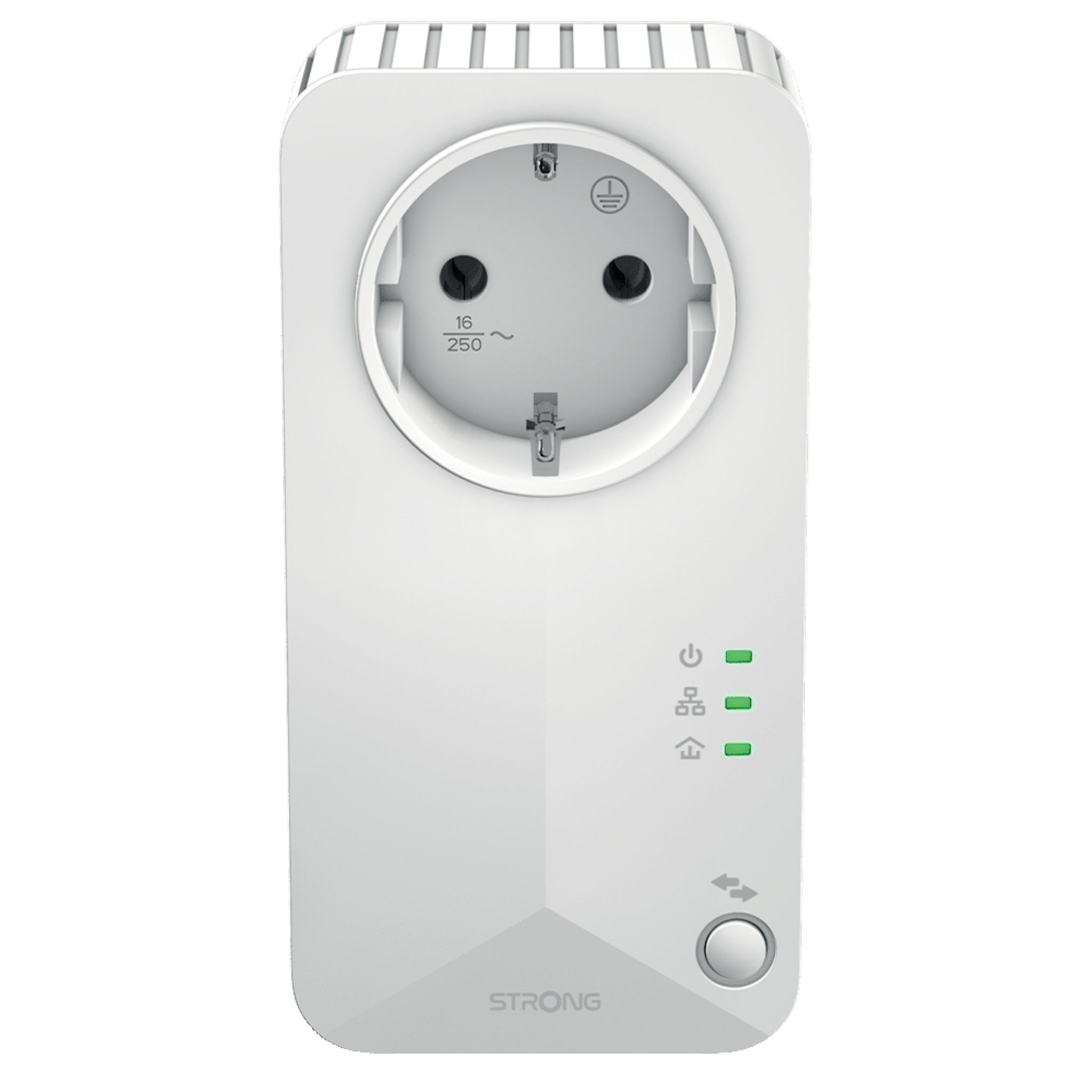 Un adaptador de línea eléctrica blanco con una toma de corriente y luces indicadoras.