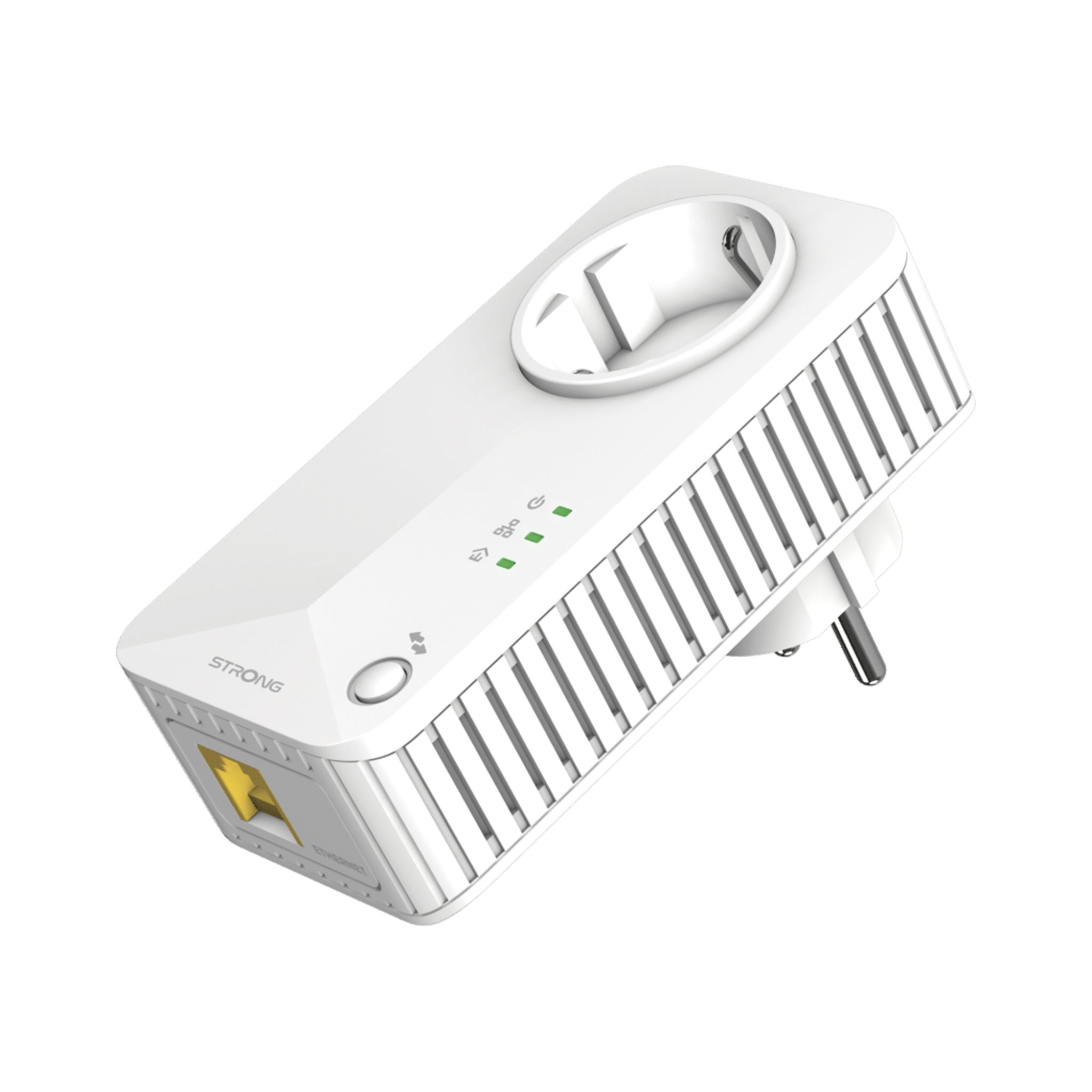 Biały wzmacniacz WiFi Strong z wtyczką i różnymi lampkami kontrolnymi.