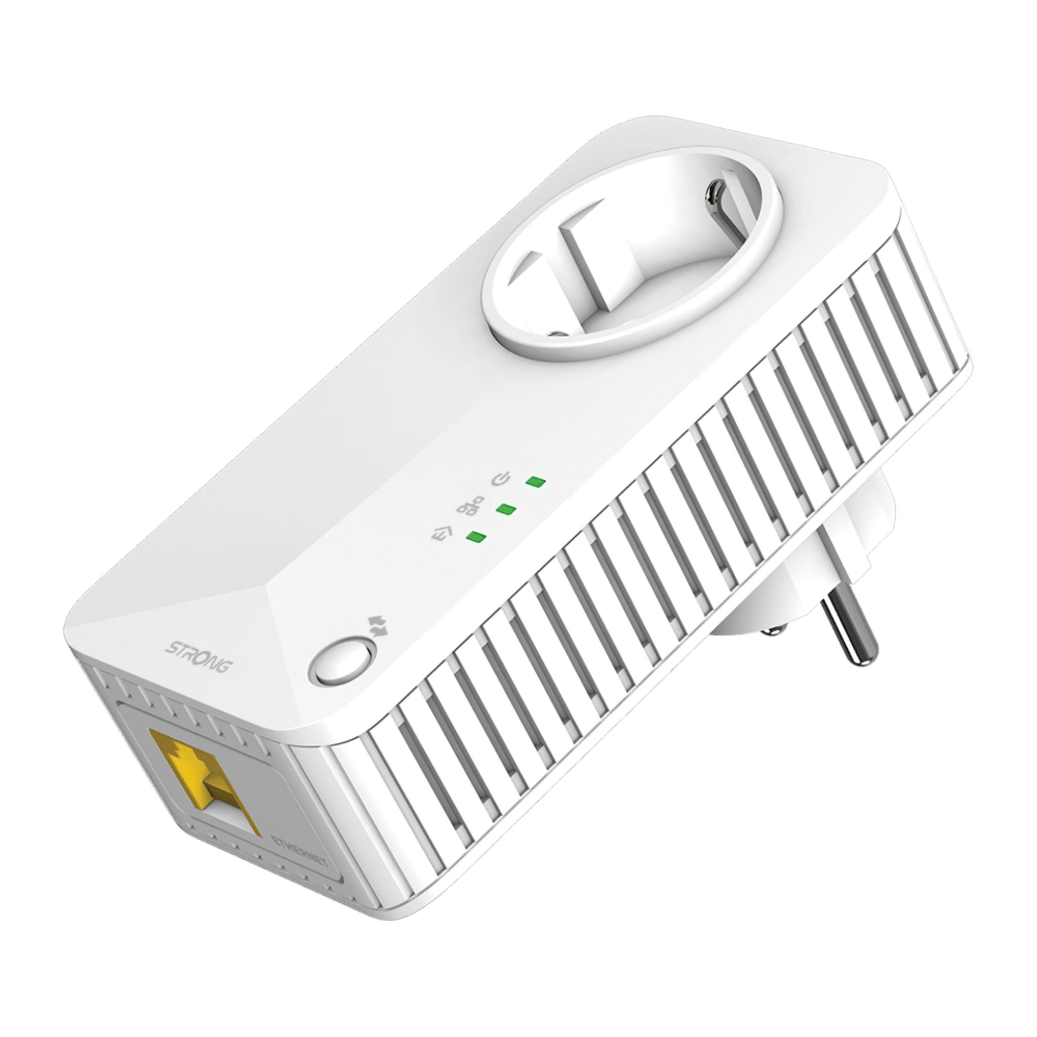 Adaptador de línea eléctrica blanco con enchufe y puerto. Tiene LEDs verdes y un botón.