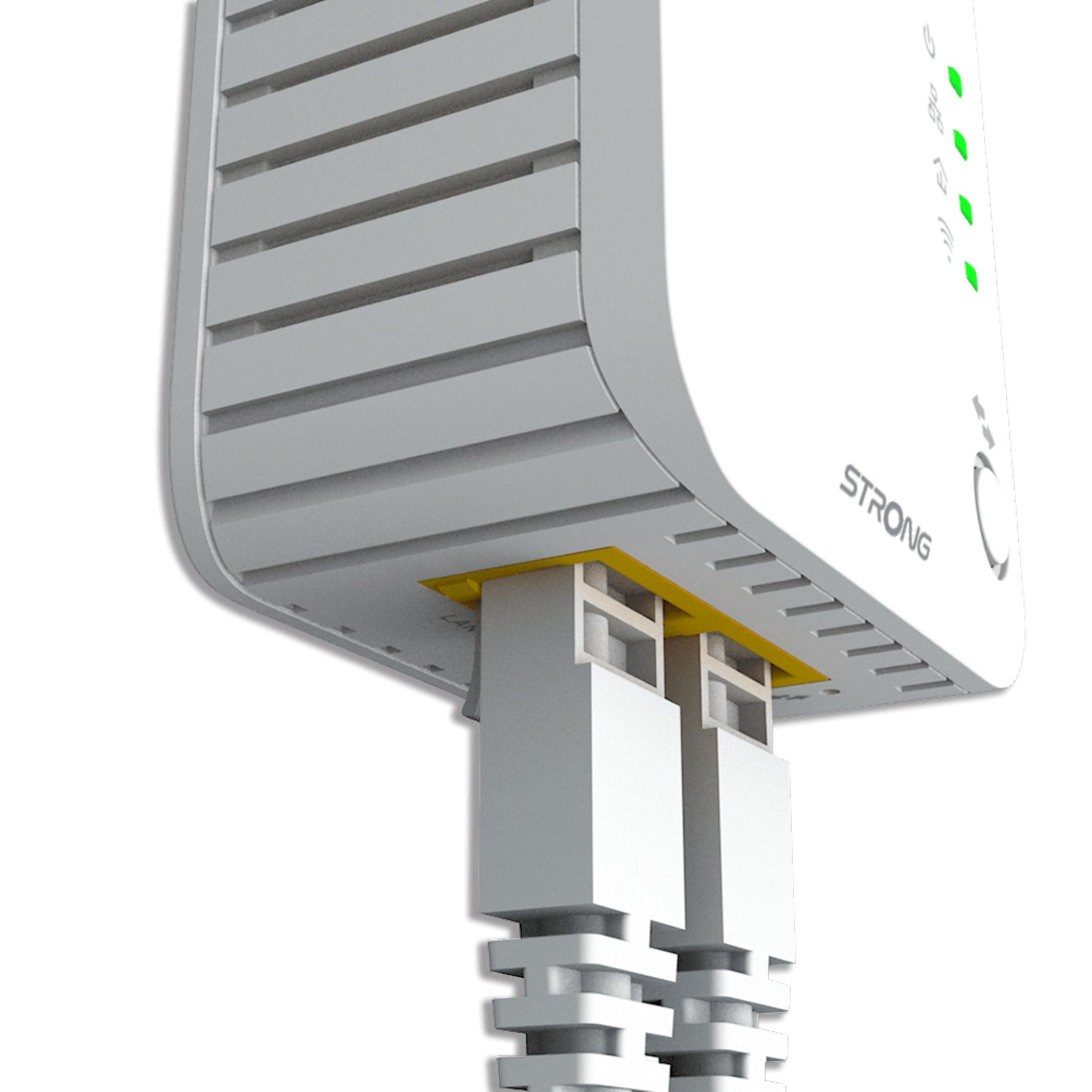 Un extensor de red blanco con dos cables blancos enchufados. Está sobre un fondo blanco.