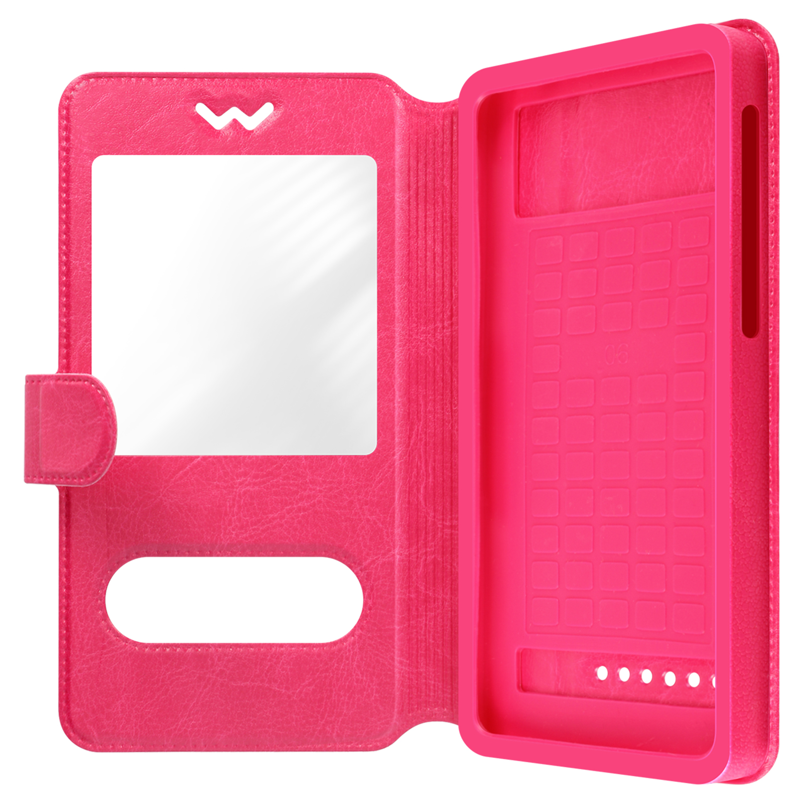 Custodia per telefono rosa, aperta con specchio.