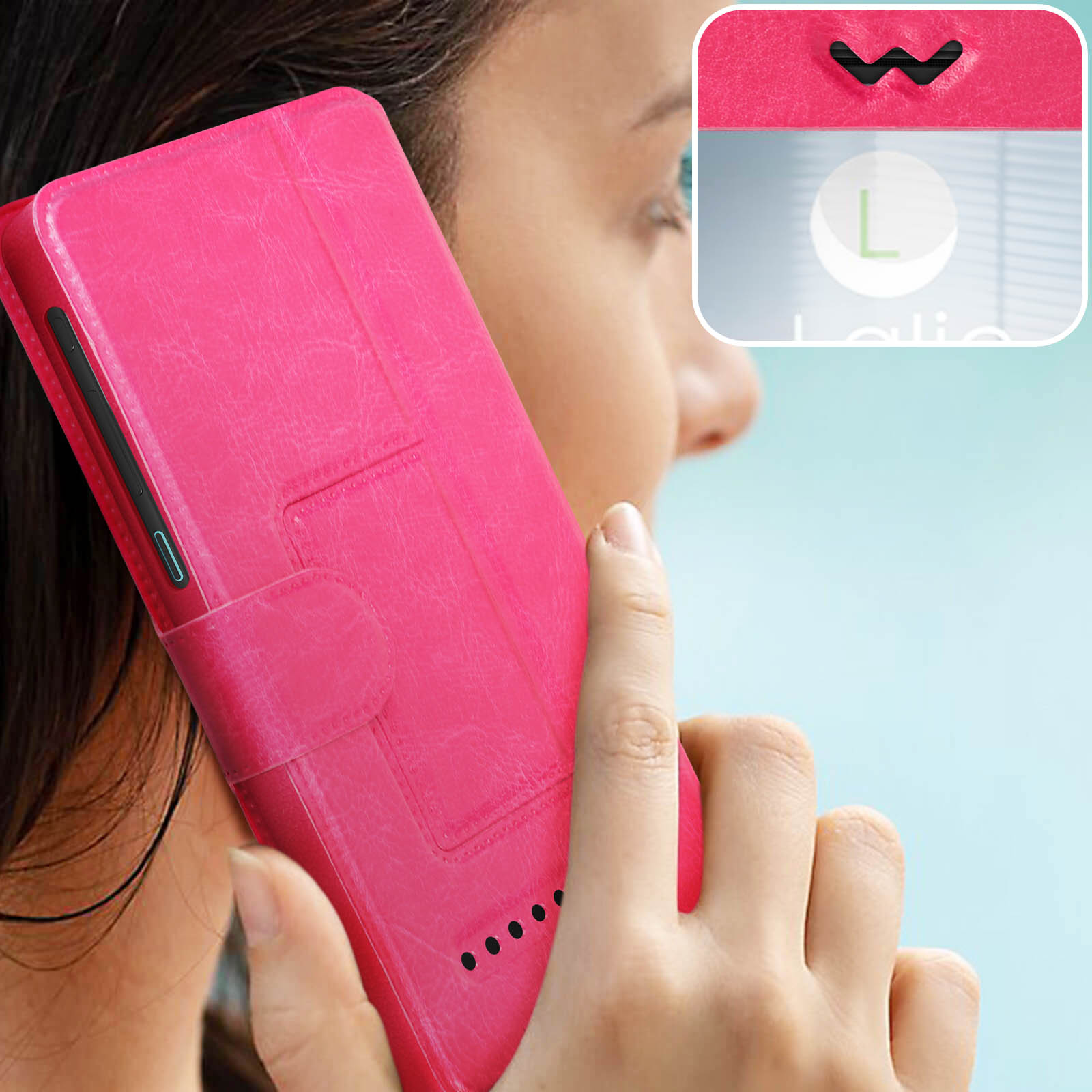Una donna usa una custodia rosa per telefono. Un primo piano mostra una patta e il telefono.