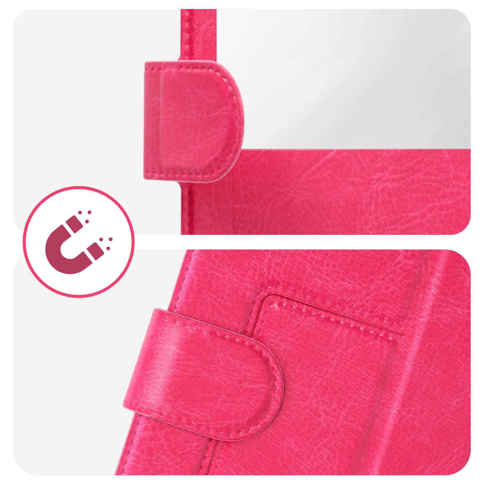 Primi piani di una custodia per tablet rosa con chiusura magnetica. Il magnete è illustrato.