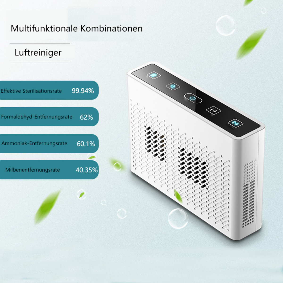 Ein weißer Luftreiniger mit Prozentangaben zur Sterilisation und Schadstoffentfernung.