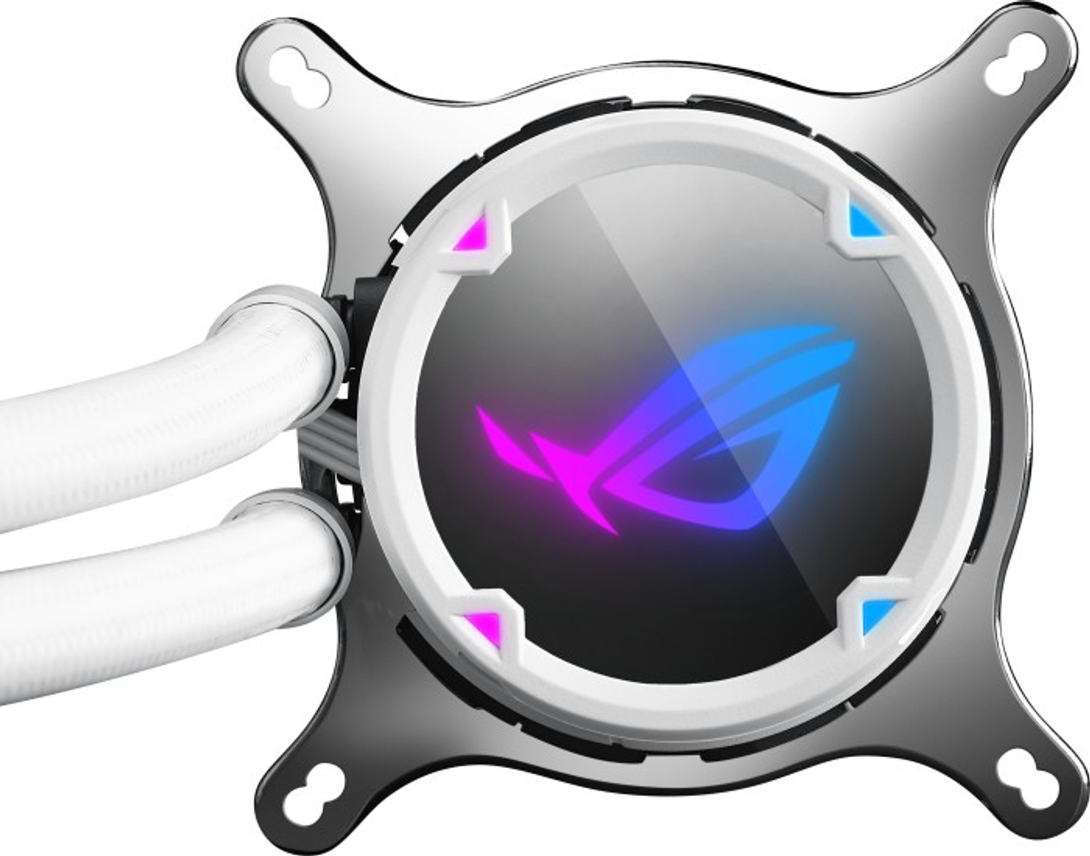 Un enfriador líquido ROG plateado con un logotipo RGB circular.
