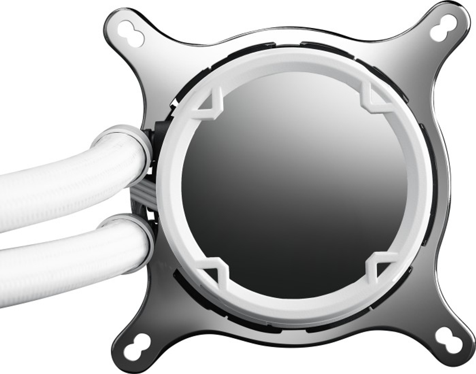 Primer plano de un sistema de refrigeración de computadora plateado y blanco con tubos.