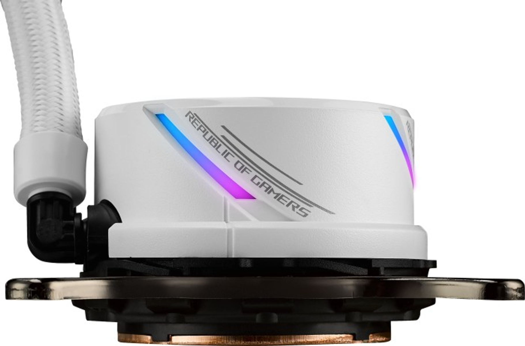 Sistema de refrigeración por agua para computadora blanco y negro, con tubos y logotipo ROG.