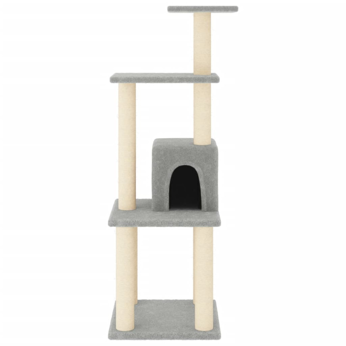 Katzenbaum. Er hat mehrere Plattformen, Kratzbäume und ein gemütliches Versteck.