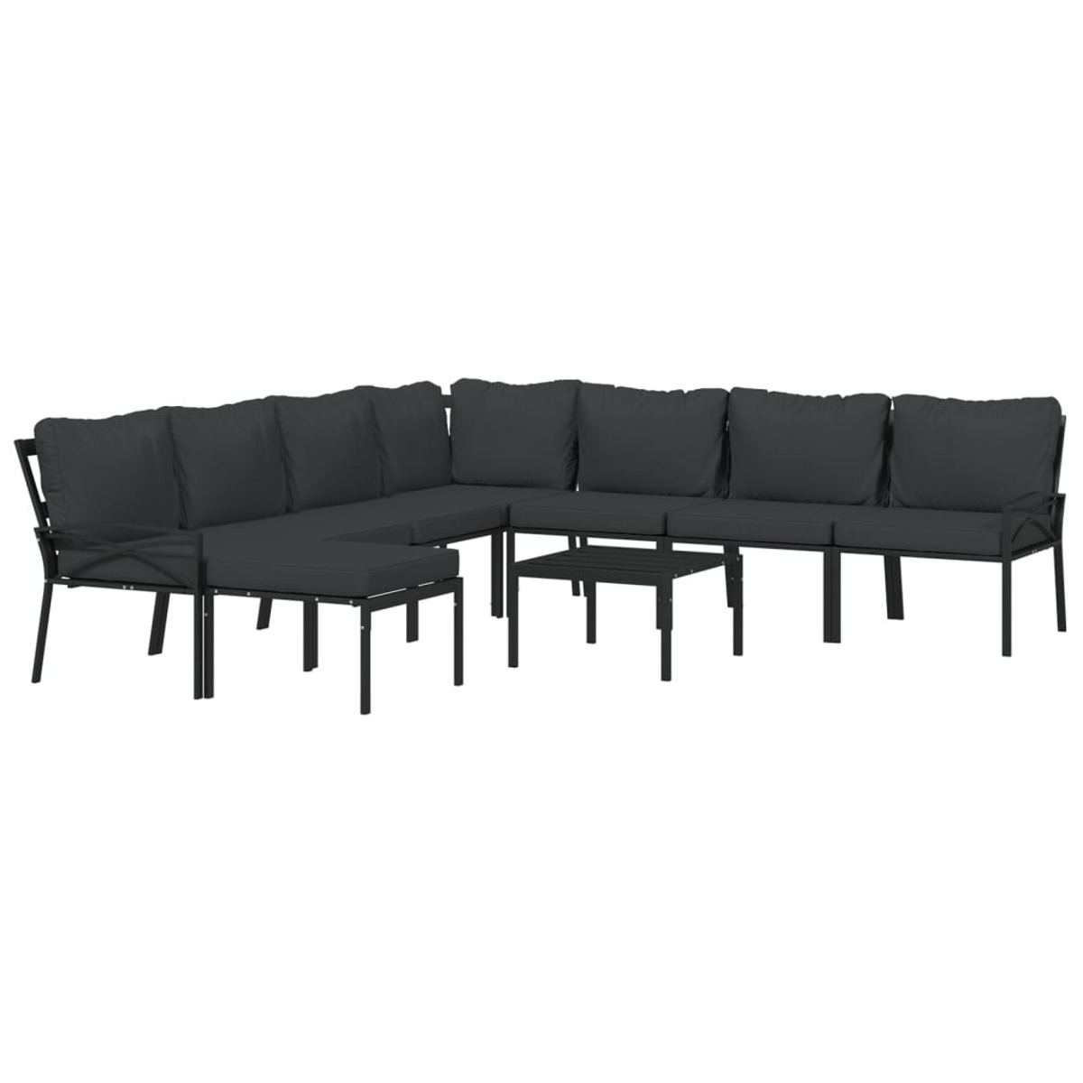 Dunkelgraues Ecksofa und zwei kleine Tische auf weißem Grund. Gartenmöbel.