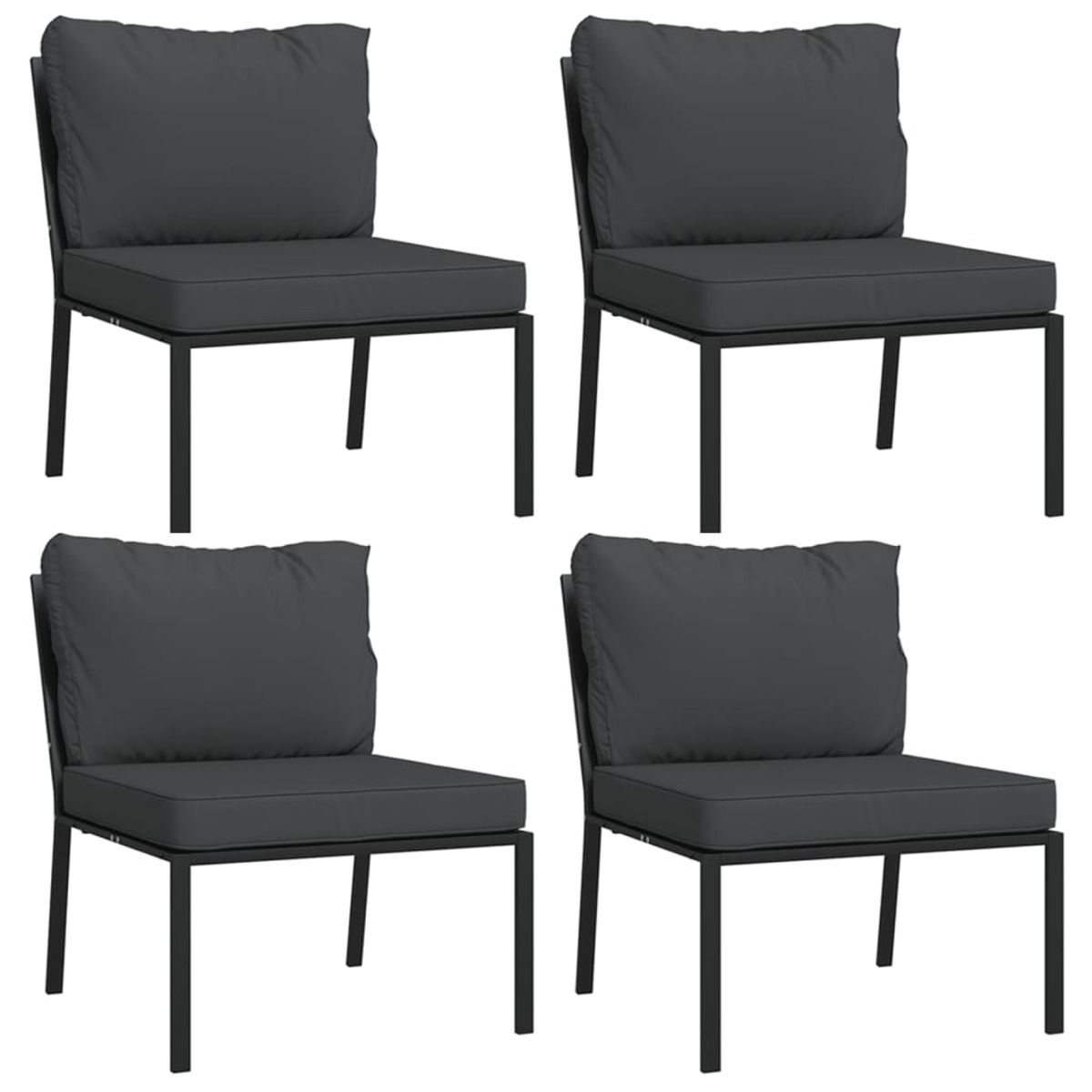 Vier dunkelgraue Outdoor-Stühle mit schwarzen Rahmen, Kissen und Armlehnen.