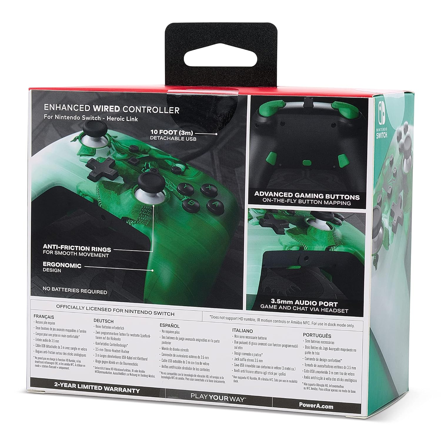 Produktbox für erweiterten kabelgebundenen Controller für Nintendo Switch, mit Controller-Bild und Text.