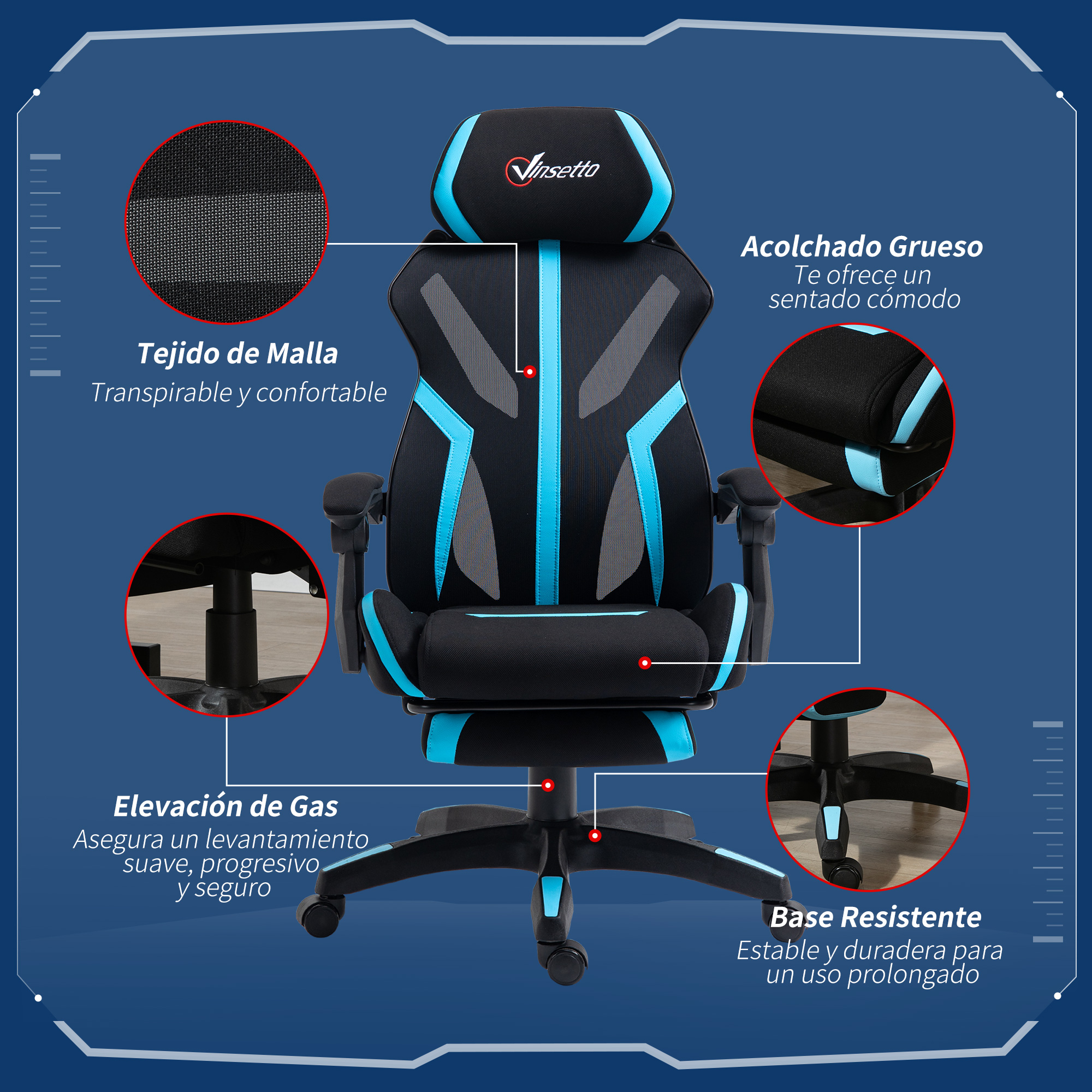 Silla gaming con características y etiquetas. Diseño negro y turquesa. Fondo blanco.