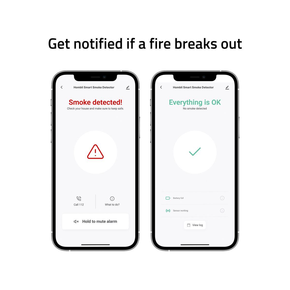 Zwei Telefone zeigen Rauch- und Kein-Rauch-Alarmmeldungen von einer Feuermelder-App an.