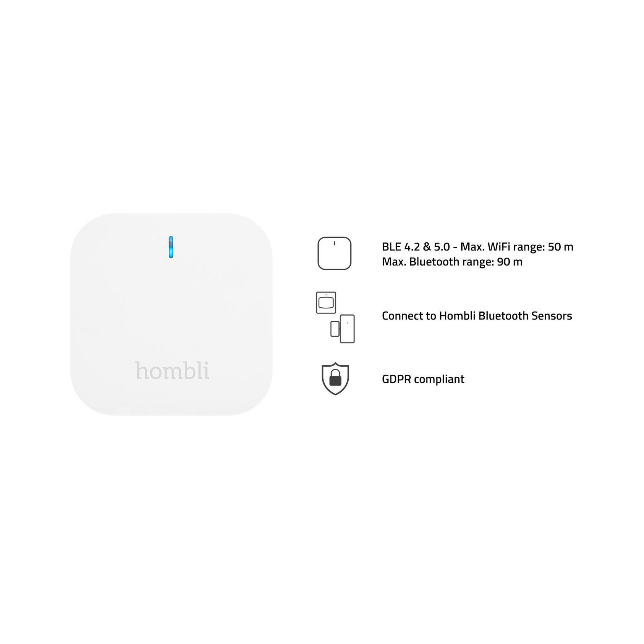 Weißes quadratisches Gerät mit Licht, Text über Bluetooth-Verbindung und GDPR-konform.
