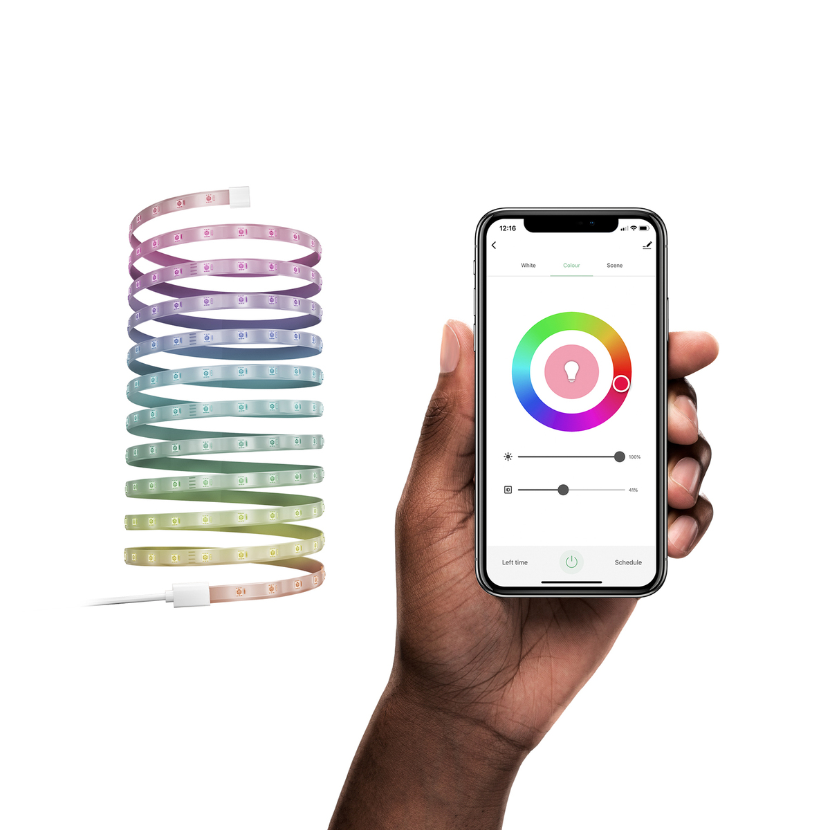 Hand hält Smartphone mit Farbrad-Oberfläche und RGB-LED-Lichtstreifen.