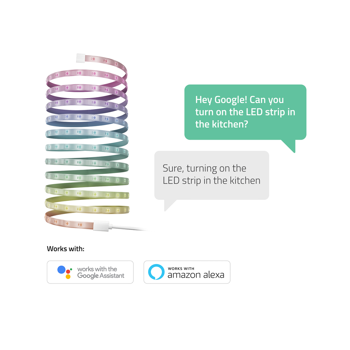 LED-Lichtband aufgerollt, Text weist auf Google Assistant und Alexa hin.