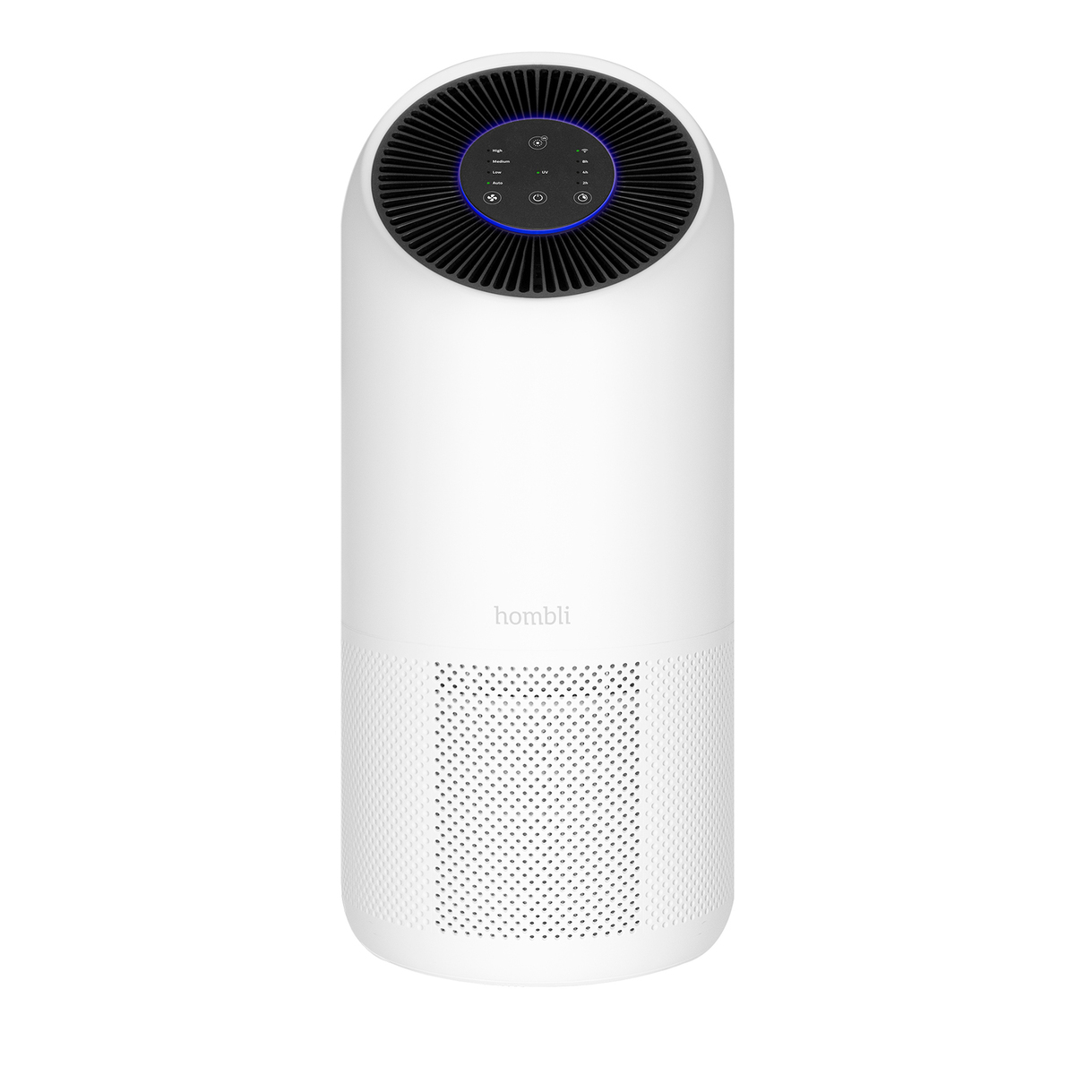 Un purificatore d'aria bianco, vista frontale.