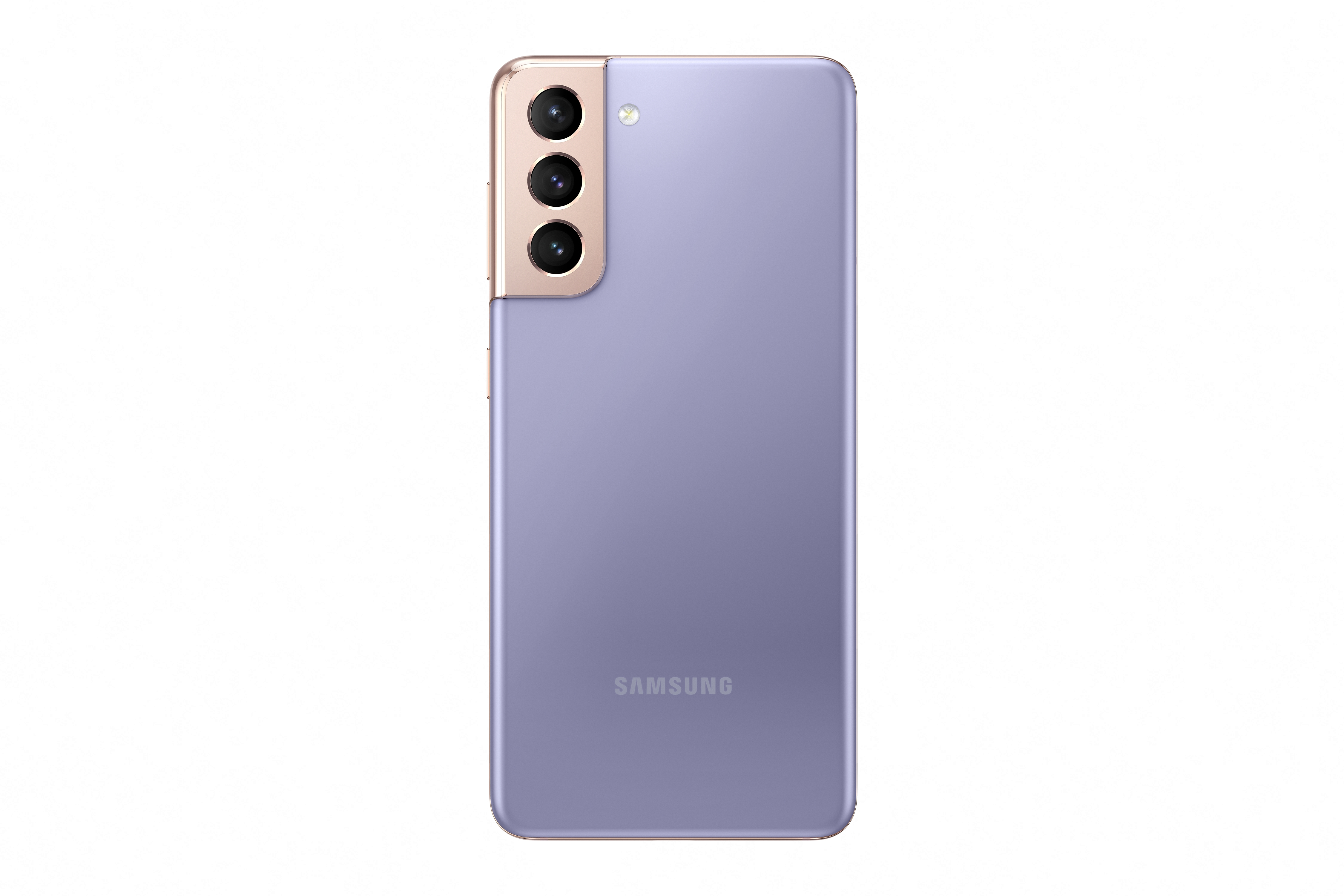 Lavendelfarbenes Telefon hinten. Drei Kameras, Samsung-Logo.
