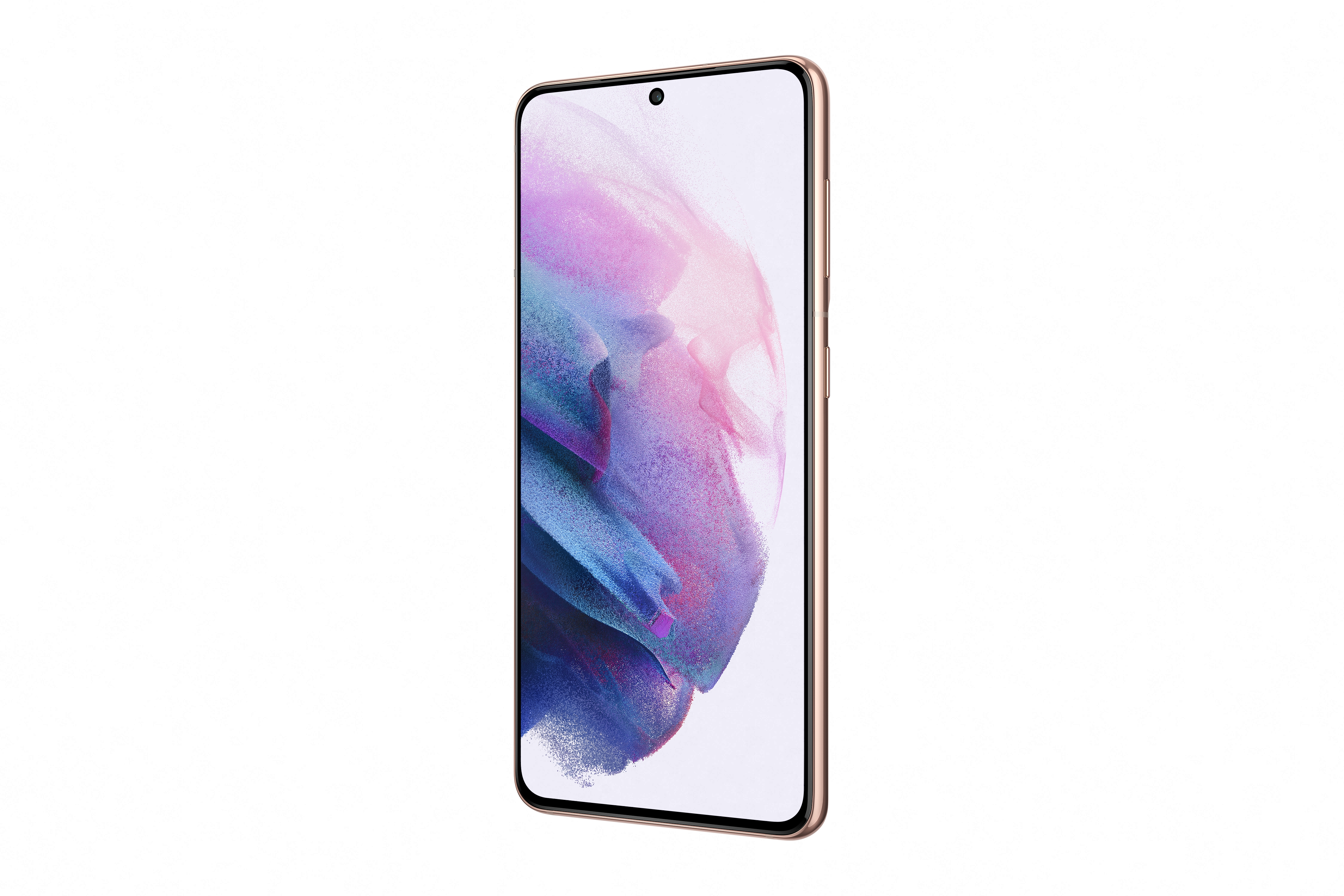 Ein goldenes Smartphone, der Bildschirm zeigt bunte Formen. Das Telefon ist leicht angewinkelt.