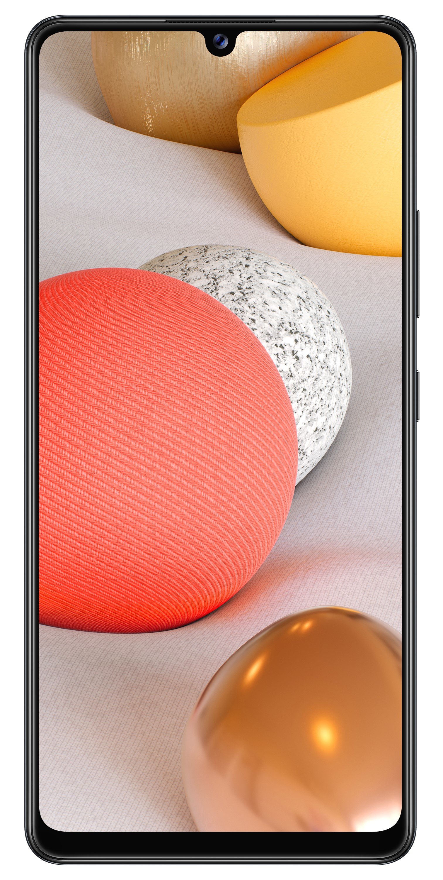 Ein Smartphone zeigt abstrakte farbige Kugeln. Das Telefon hat einen schwarzen Rahmen.