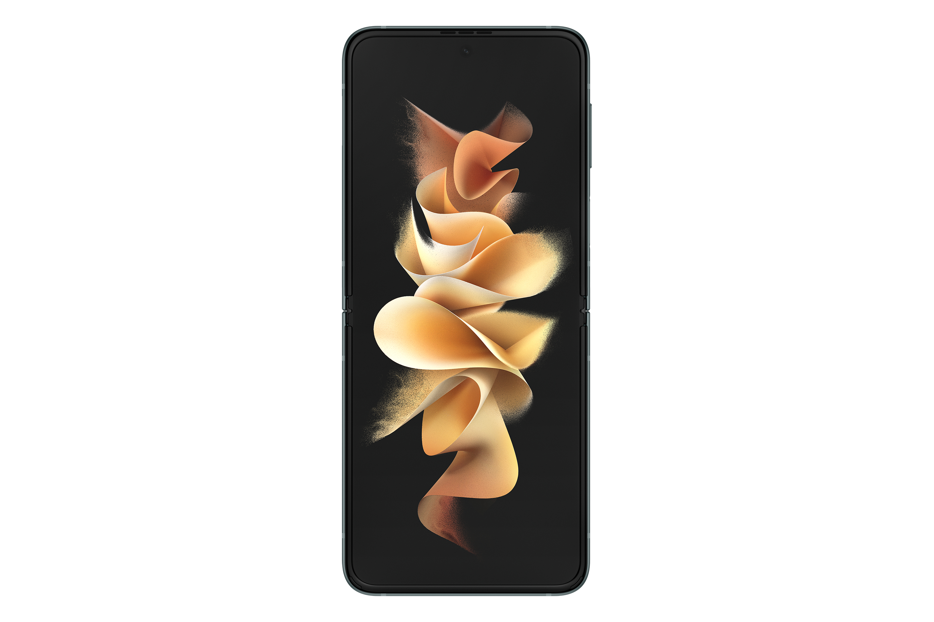Teléfono plegable abierto, mostrando un diseño remolino naranja y dorado sobre fondo blanco.