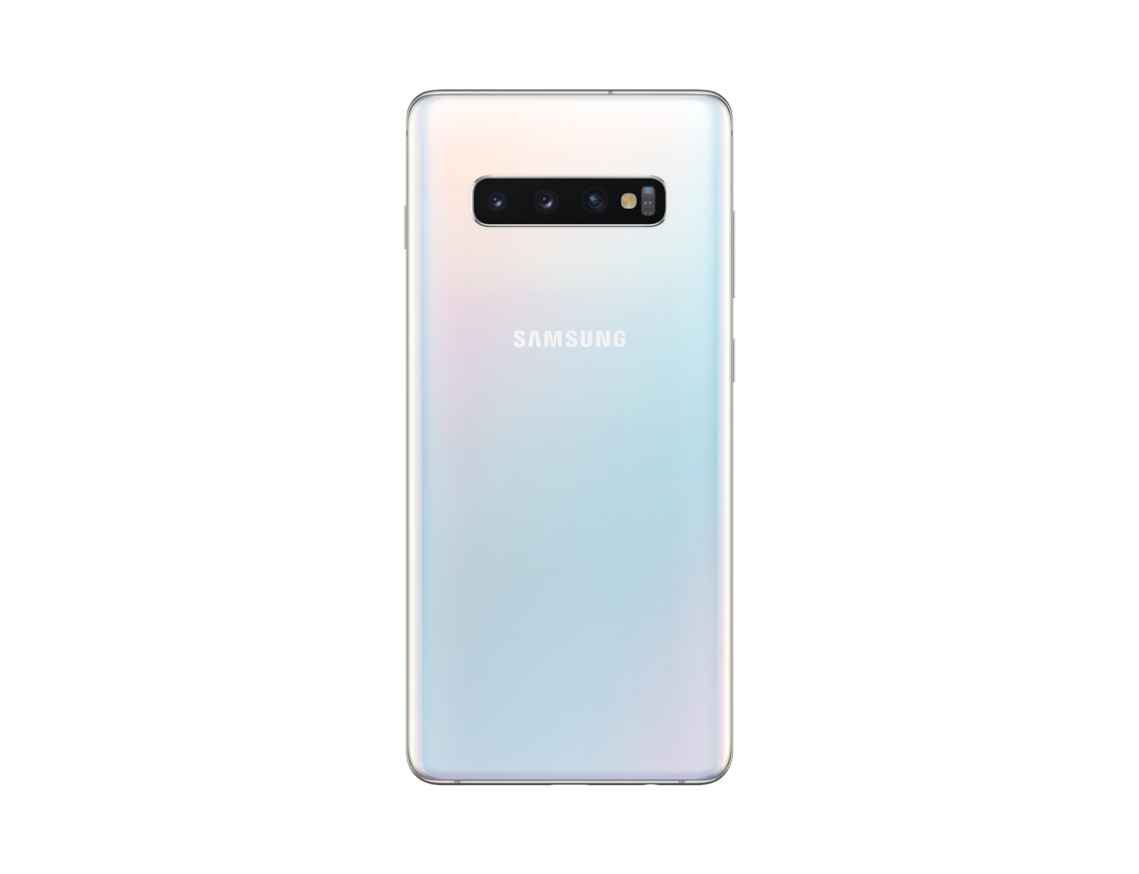 Rückansicht eines weißen Samsung-Telefons mit drei Kameras. Das Wort Samsung befindet sich unter der Kamera.