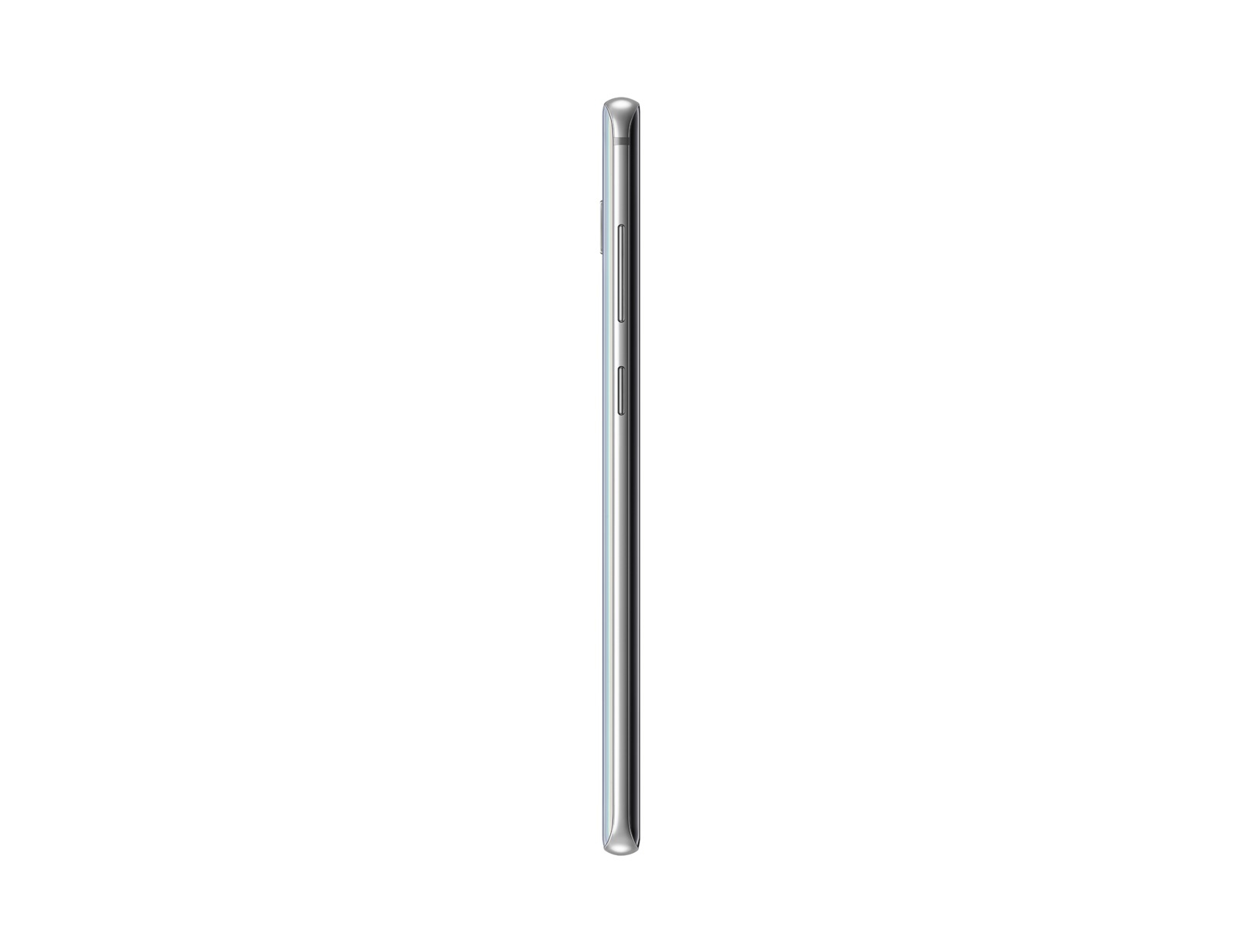 Seitenansicht eines silbernen Smartphones. Schlankes Design. Tasten und Kamera sichtbar.