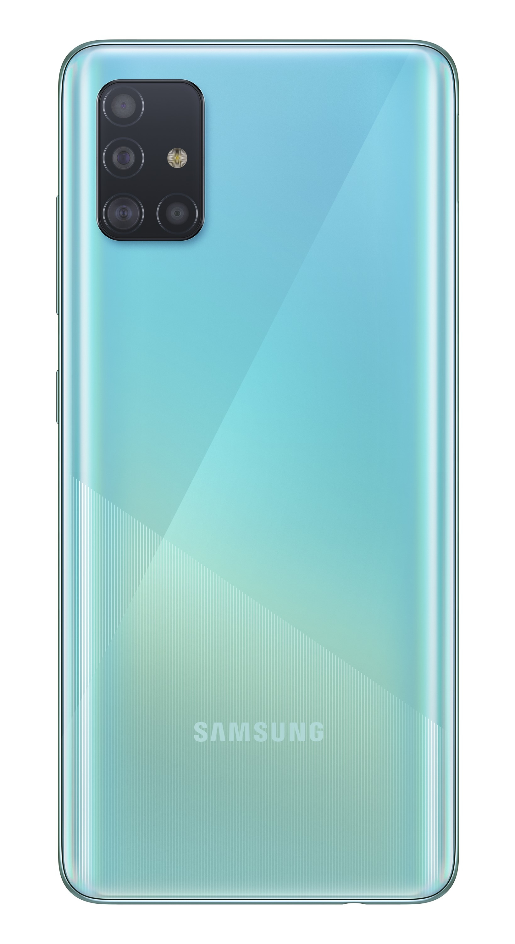 Rückseite eines hellblauen Telefons mit mehreren Kameras und Samsung-Logo.