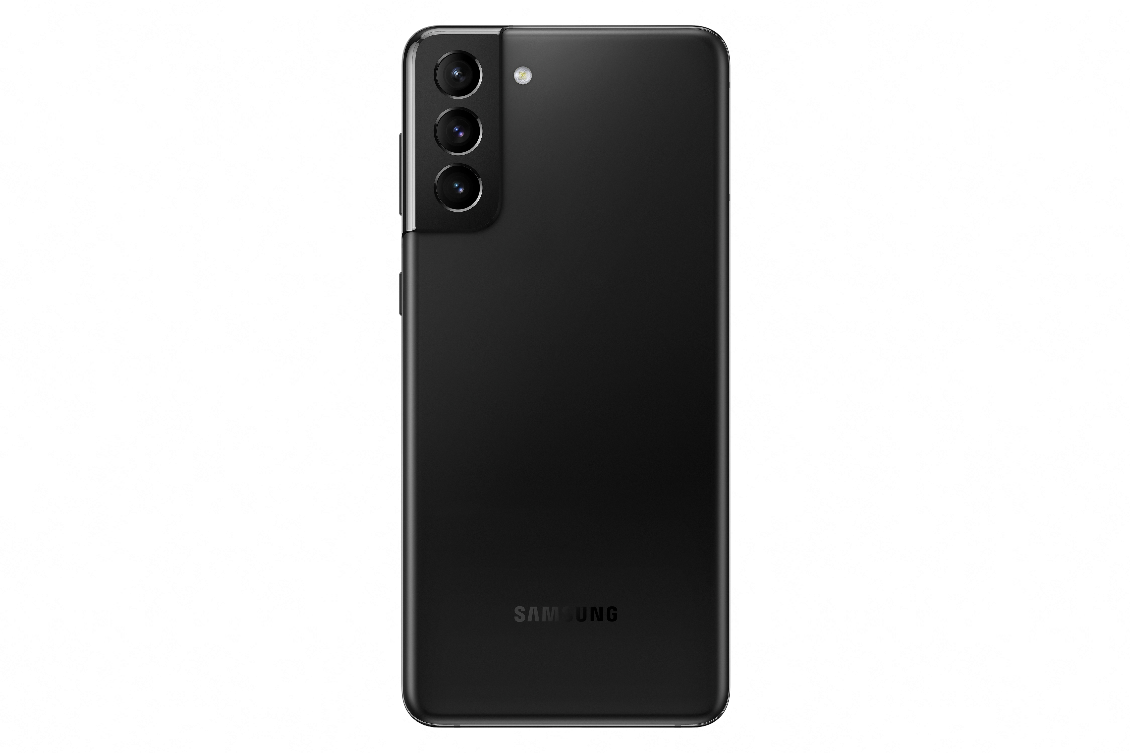 Schwarzes Smartphone mit drei Rückkameras. Der Hintergrund ist weiß.