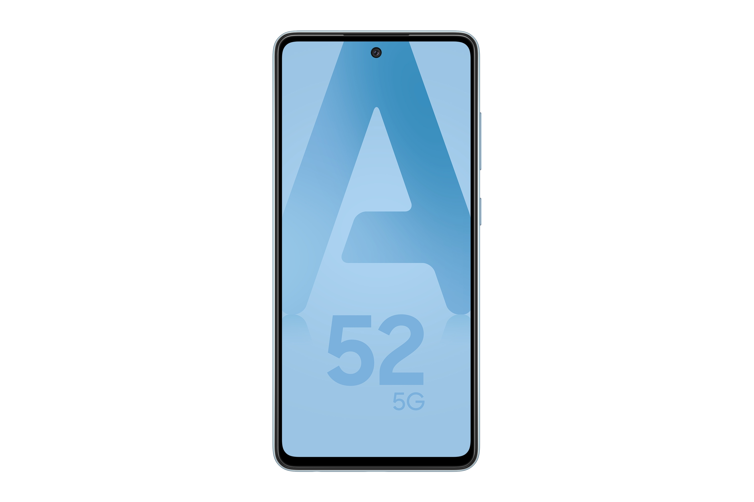 Smartphone mit hellblauem Bildschirm. Der Bildschirm zeigt ein großes „A“ und den Text „52 5G“ an.