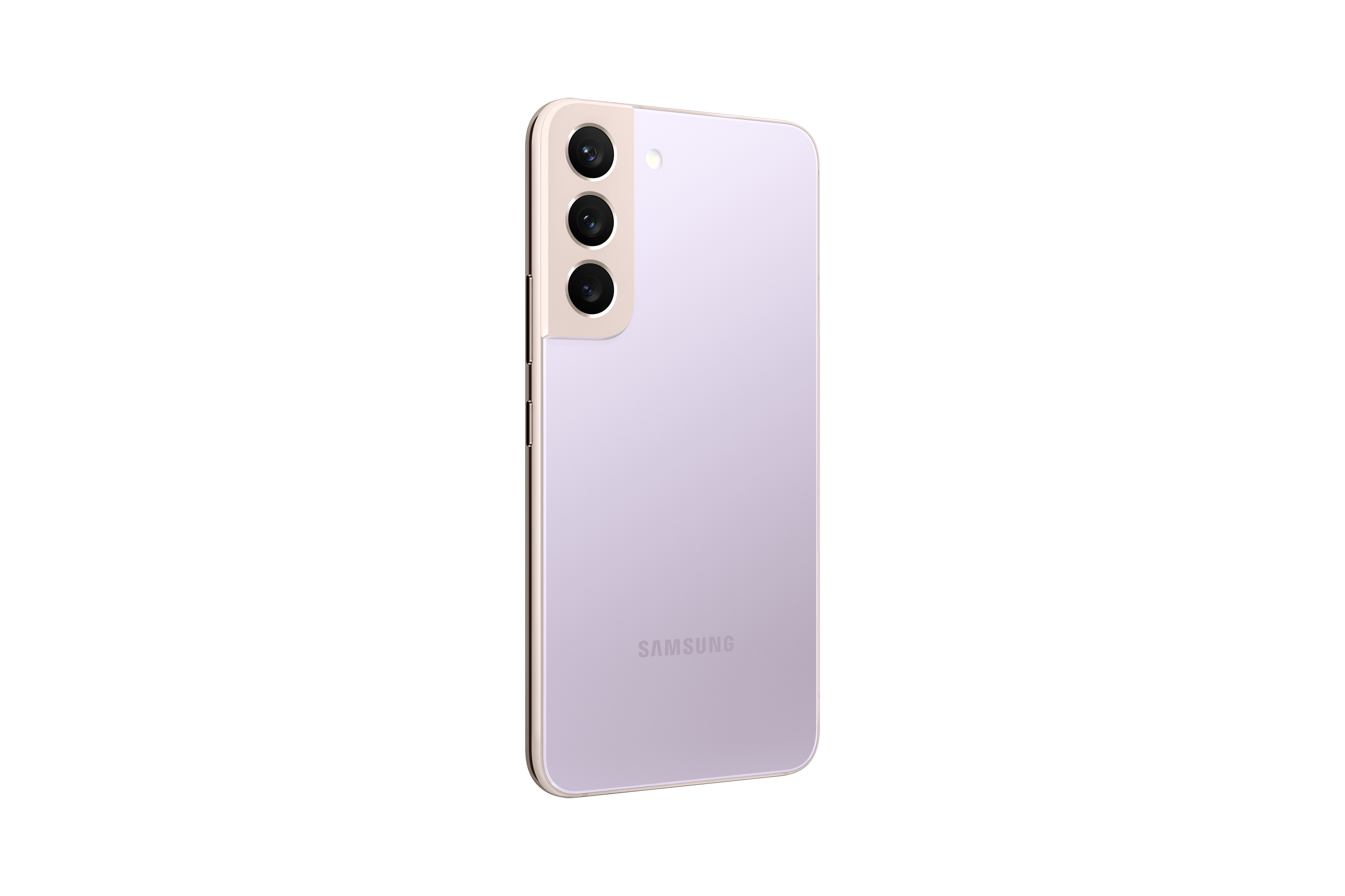 Lavendelkleurige smartphone met drie camera's aan de achterkant, van achteren bekeken.