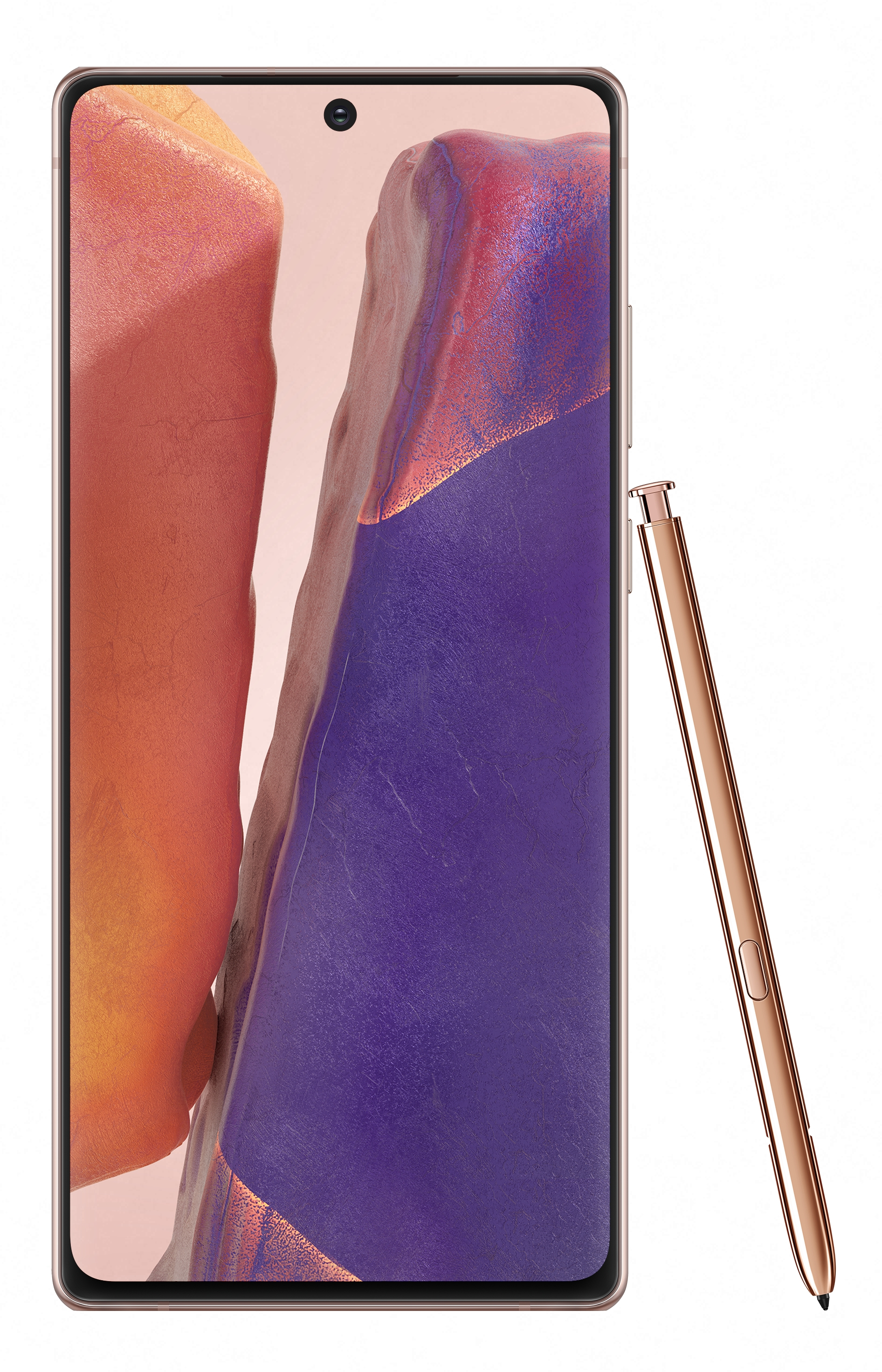 Smartfon z dużym ekranem i rysikiem obok, na białym tle.