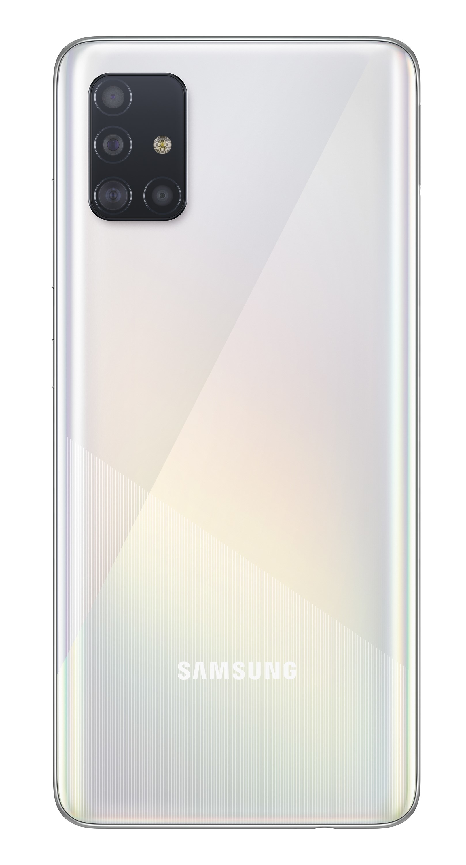 Rückseite eines weißen Smartphones mit vier Kameras. Samsung-Logo unten.