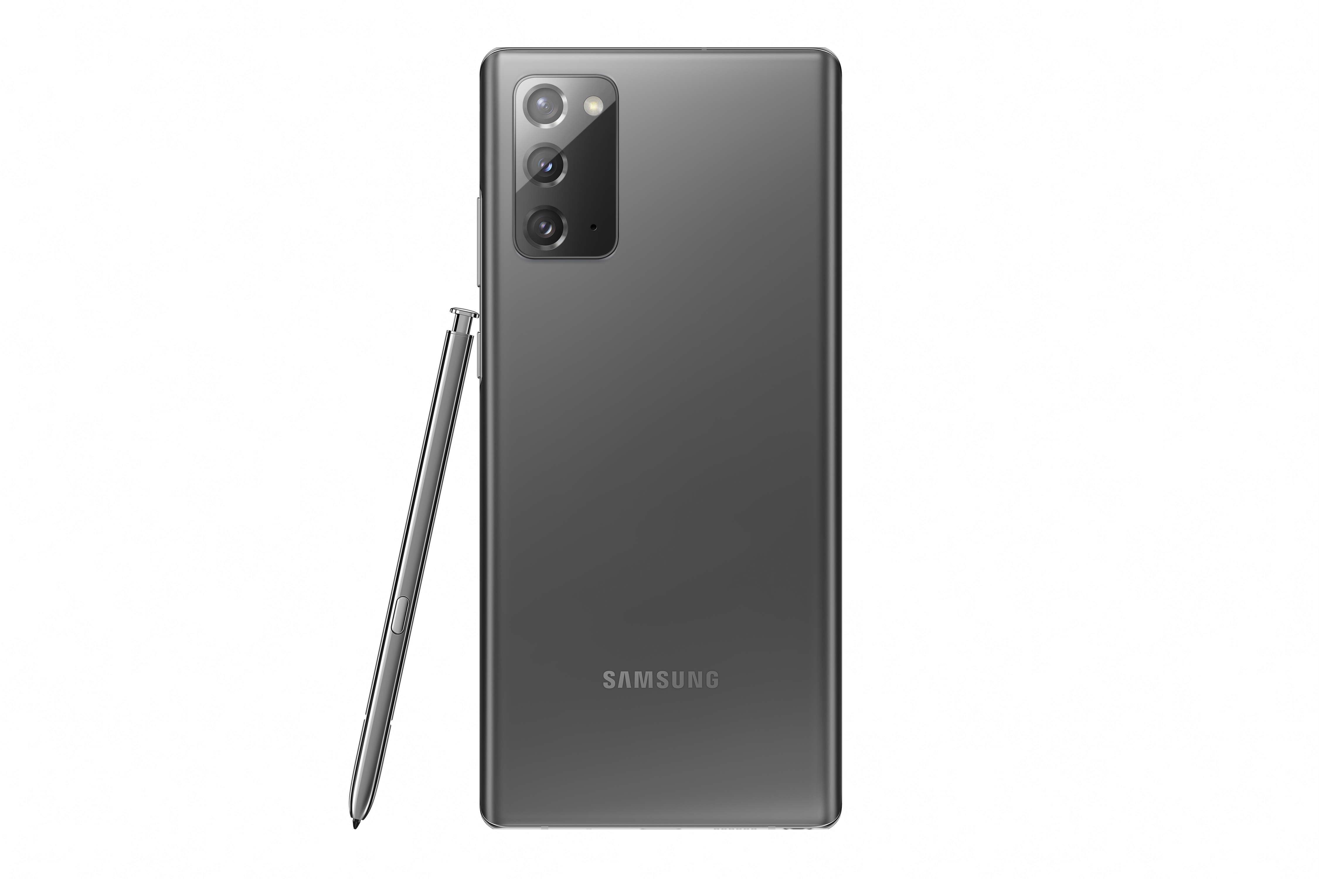 Ein schwarzes Smartphone mit Stift. Die Rückseite zeigt Samsung-Logo und Kamera.
