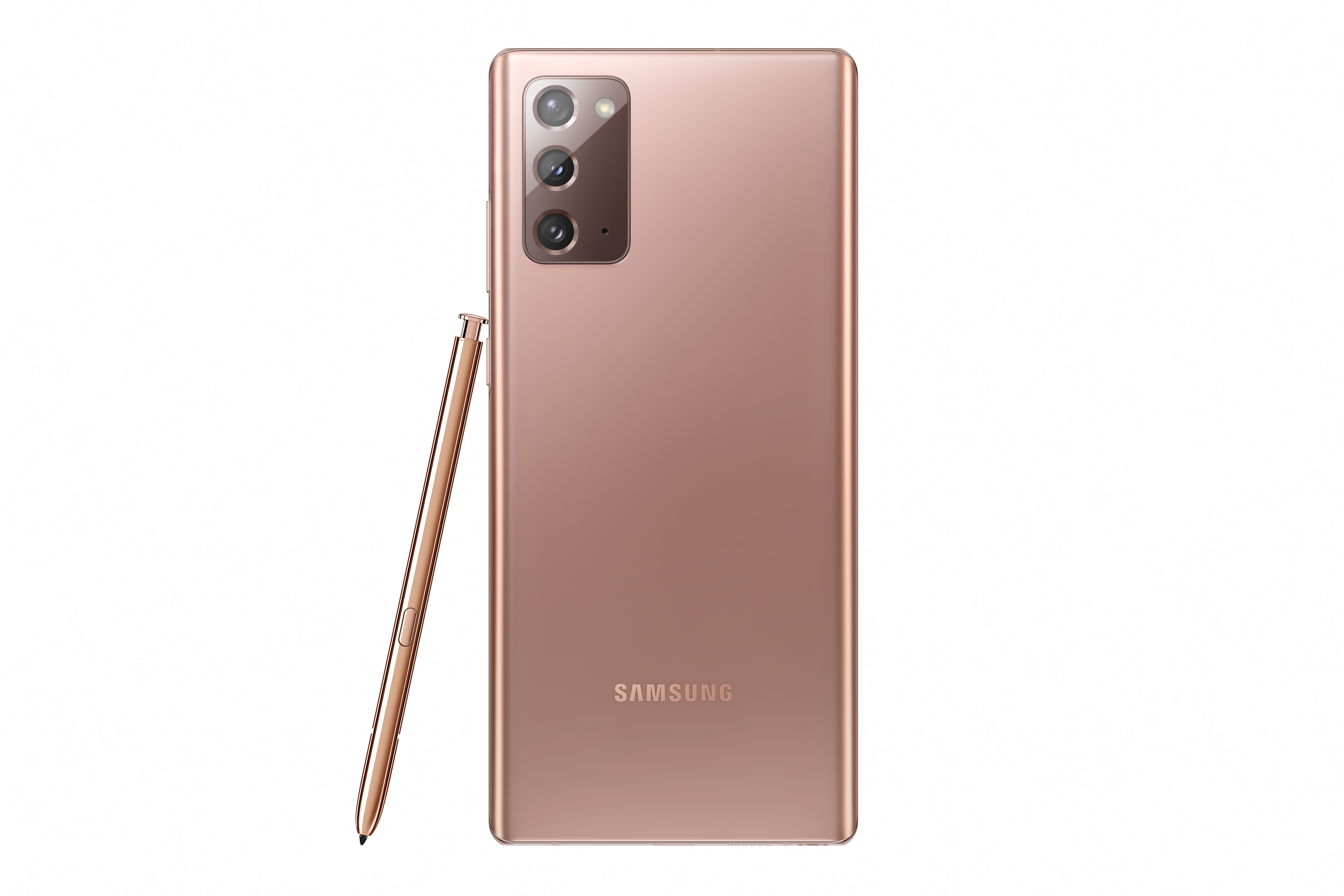 Teléfono oro rosa, vista trasera, con lápiz. Logotipo de Samsung en la parte inferior.