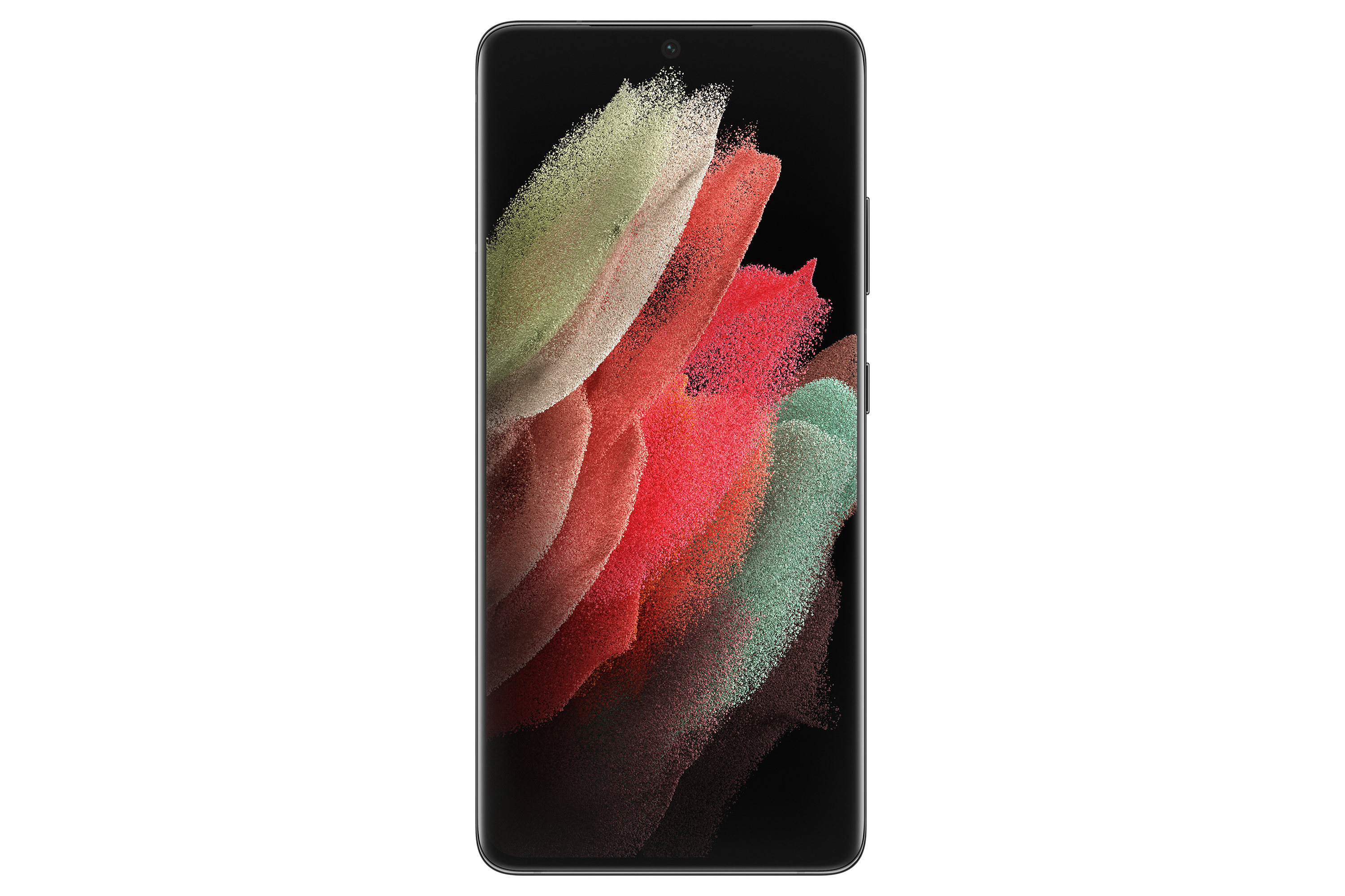Ein Smartphone mit farbenfroher Kunst. Das Telefon hat einen schwarzen Rahmen und eine Frontkamera.